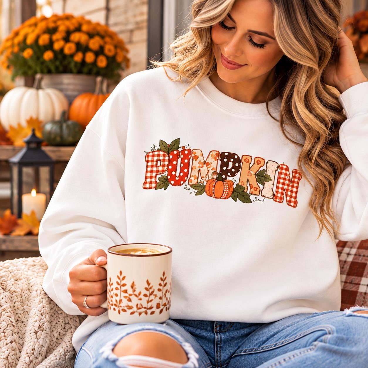 Pumpkin Patch Lettering Sweatshirt | Fall Pumpkin Plaid Design