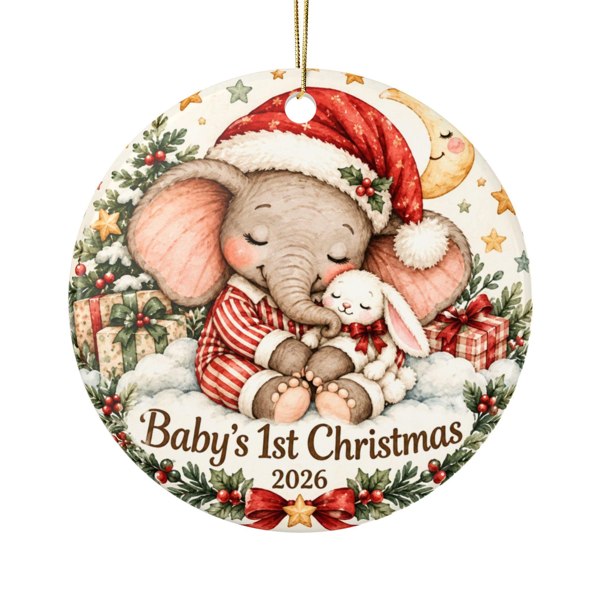 Baby's 1st Christmas Elephant Ornament ceramic double-sided 2026 | Personalized back
