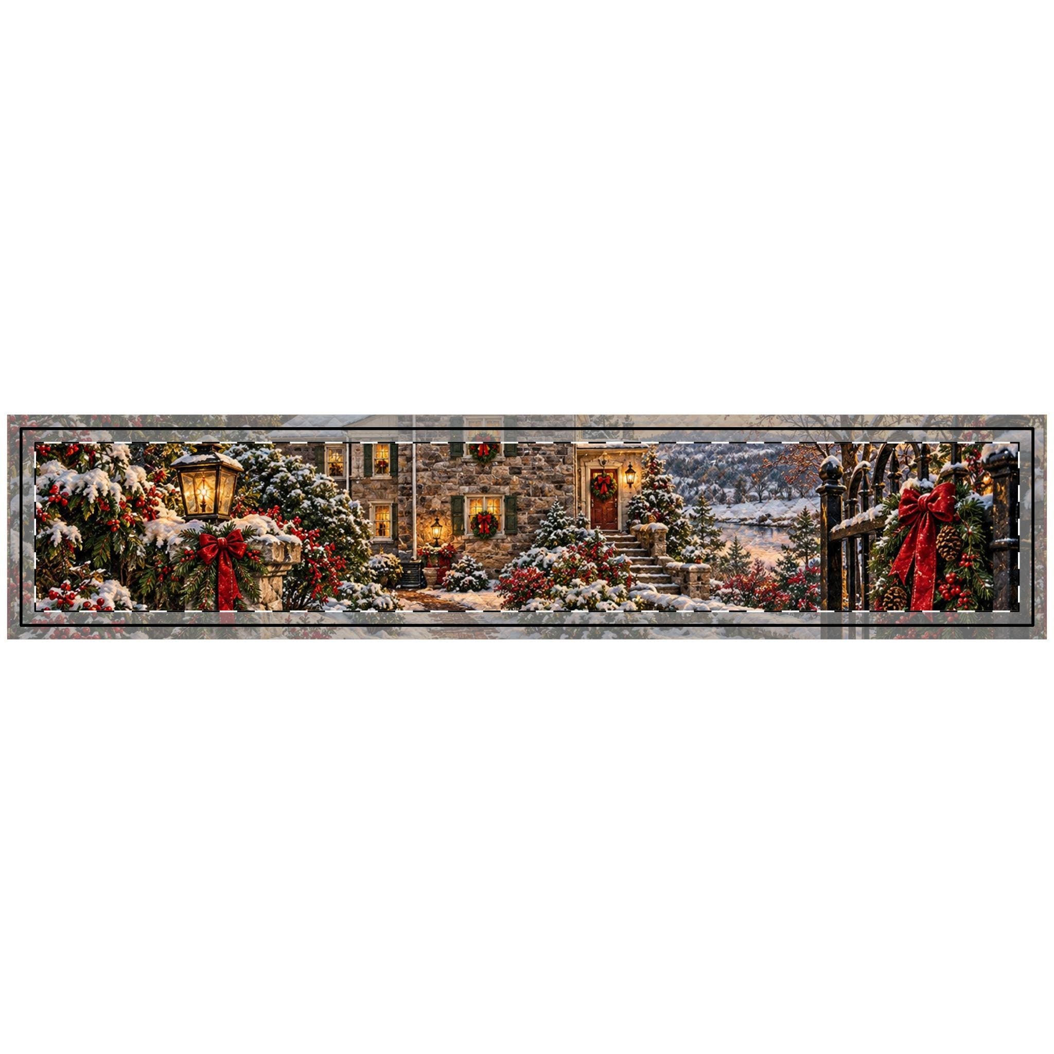 Snowy Victorian House Christmas quilted table runner | holiday winter scene