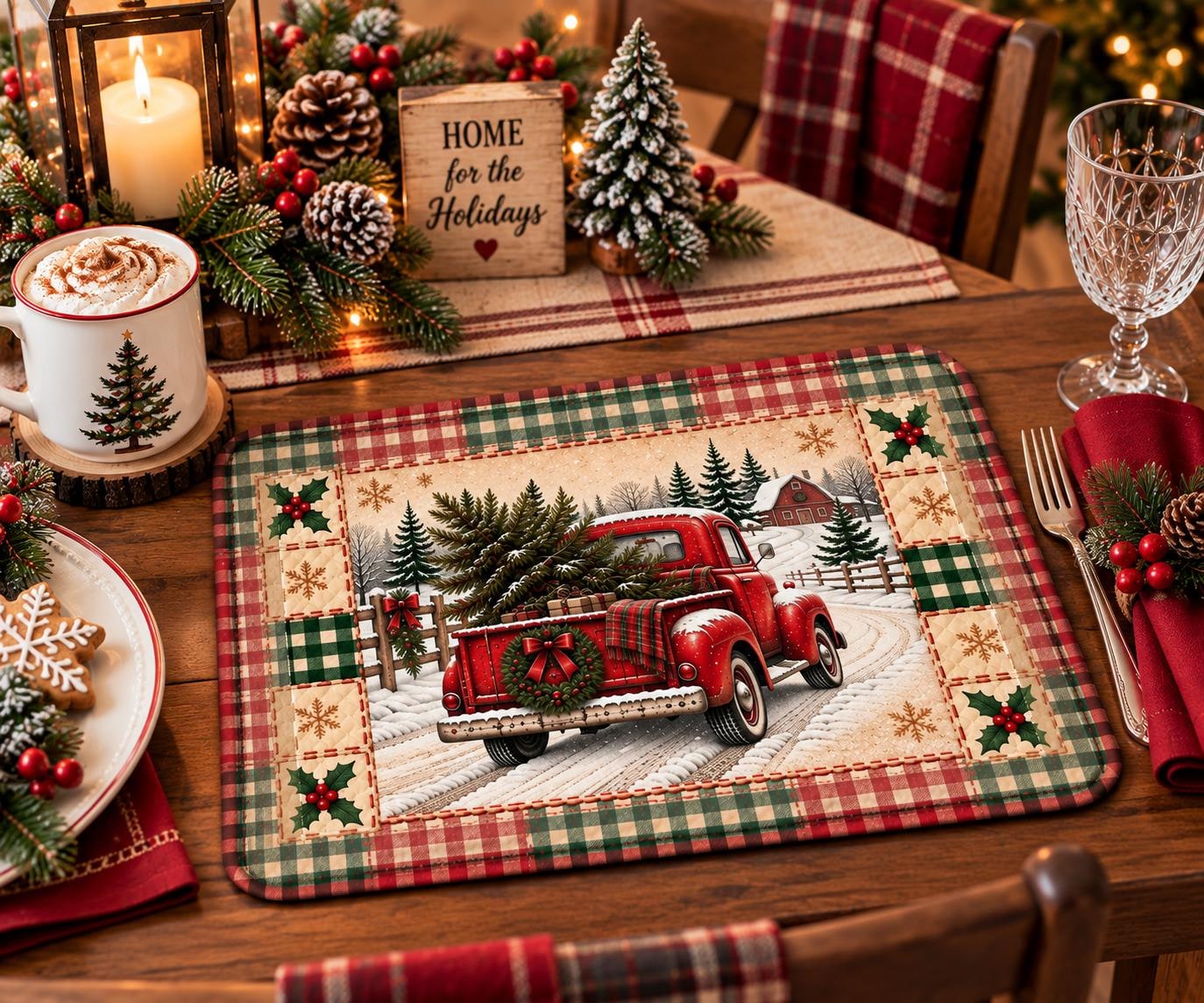 Vintage Red Truck Christmas Quilted Placemat | Holiday Table Decor