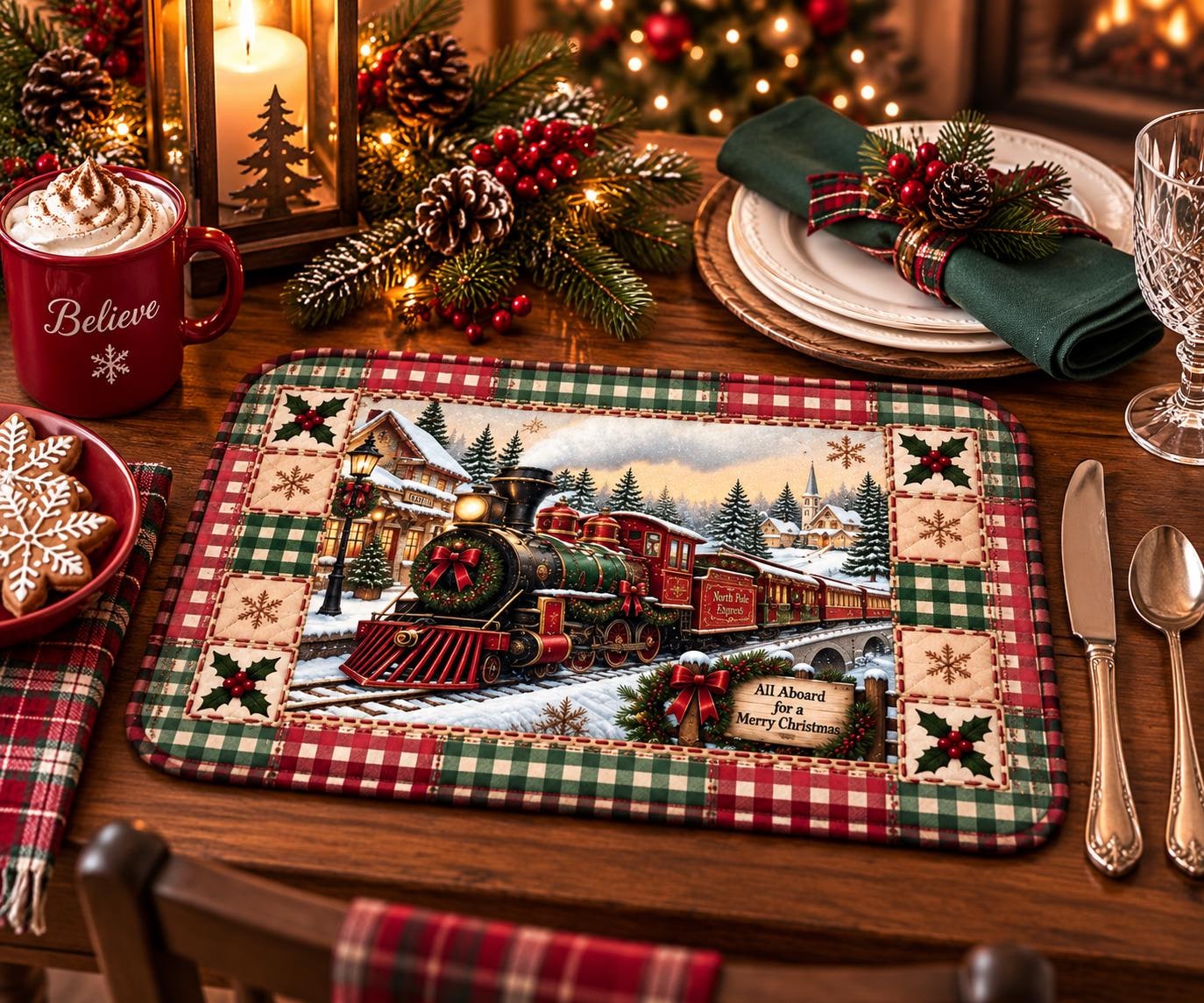Vintage Christmas Train Quilted Placemat | Holiday Table Decoration