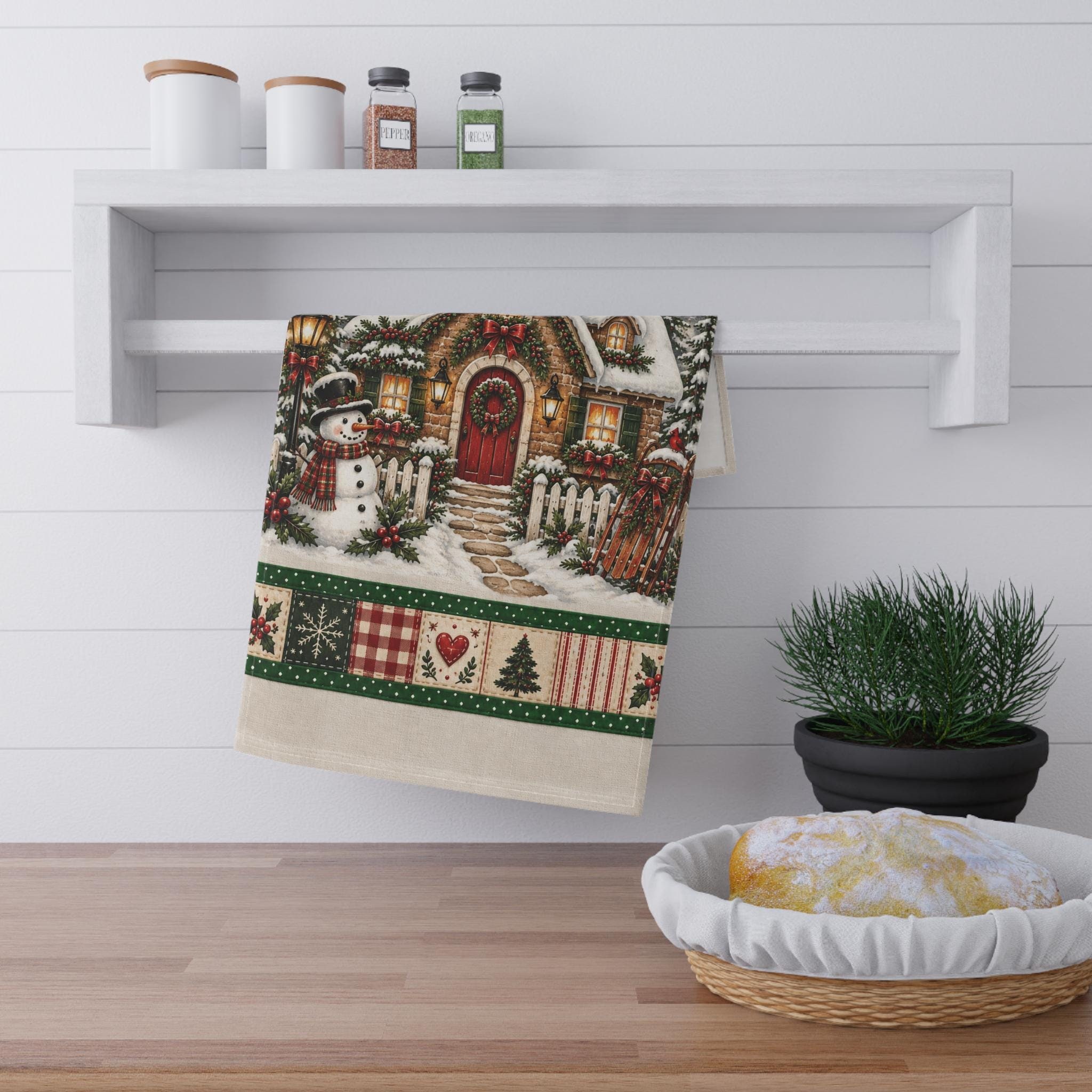 Snowy Cottage Christmas Tea Towel | Snowman, Holiday Cabin, Festive Border