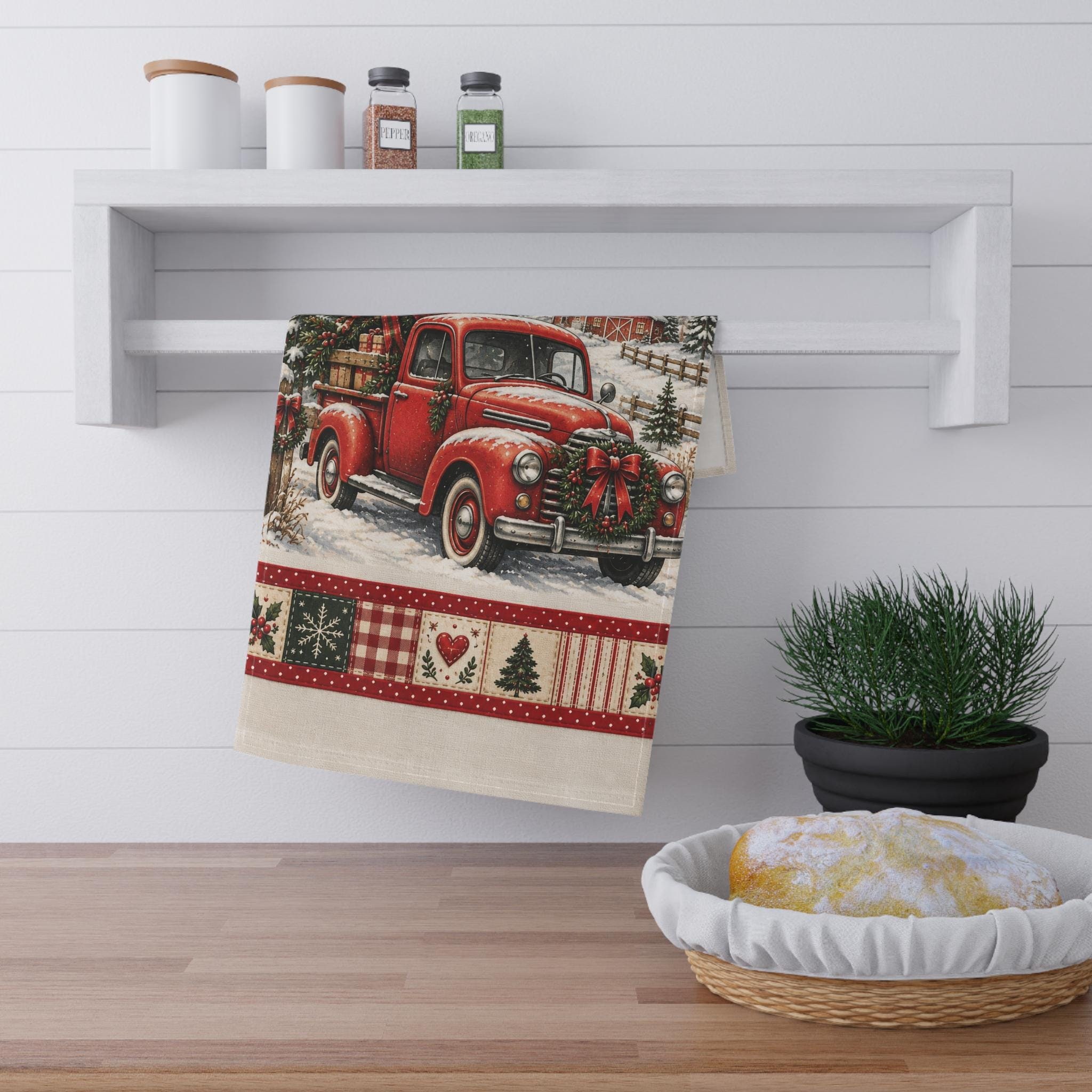 Red Vintage Truck Christmas Tea Towel | Holiday Kitchen Towel