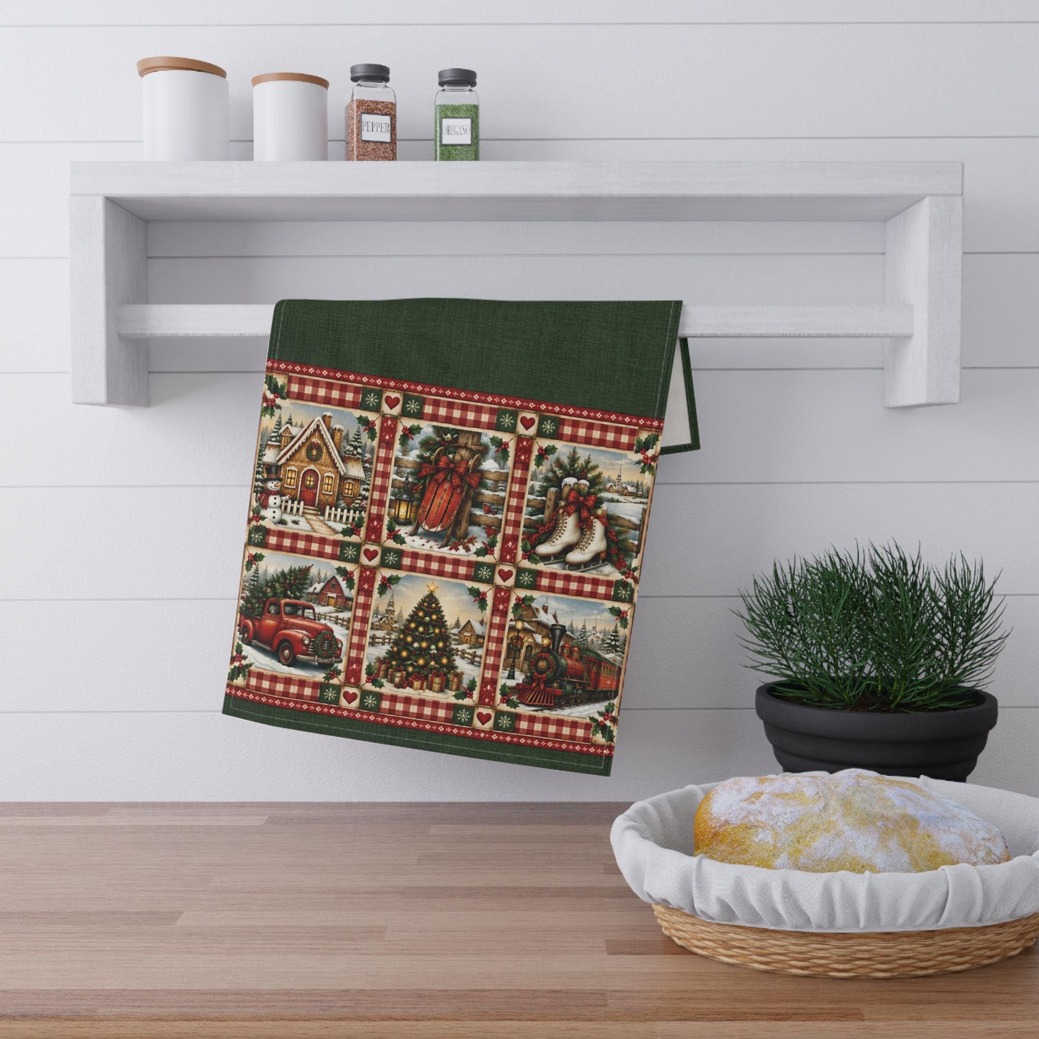 Vintage Christmas Patchwork Tea Towel | Holiday Kitchen Linen
