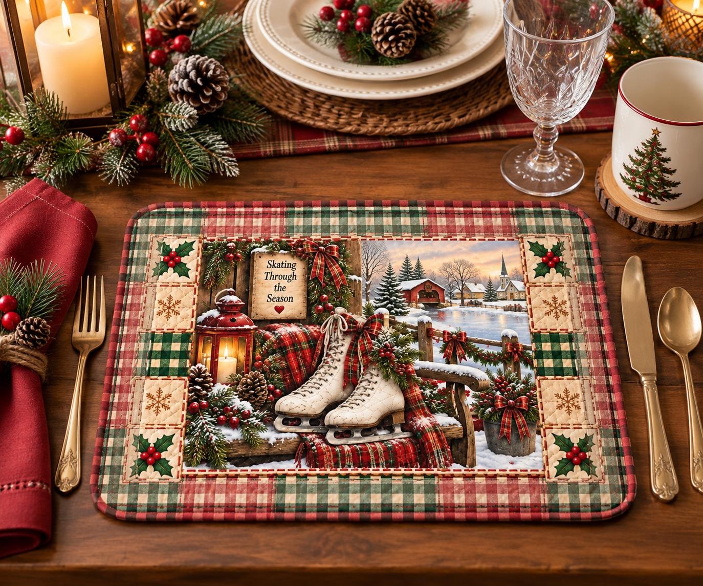 Ice Skates Winter Scene Quilted Placemat | Christmas Holiday Table Decor