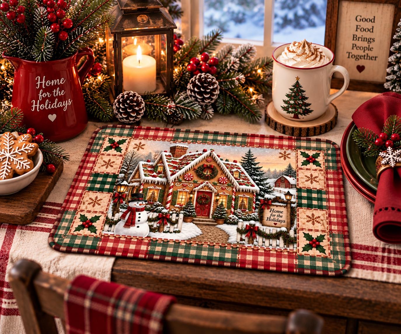 Gingerbread Cottage Holiday Quilted Placemat | Christmas Table Decor