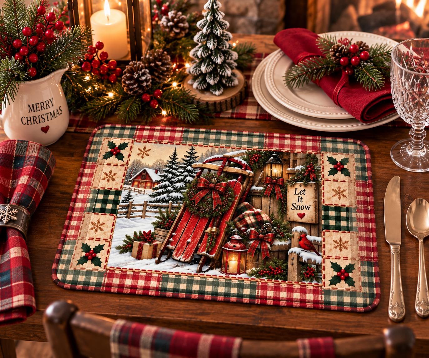 Vintage Sled and Lantern Quilted Placemat | Let It Snow Christmas Table Decor