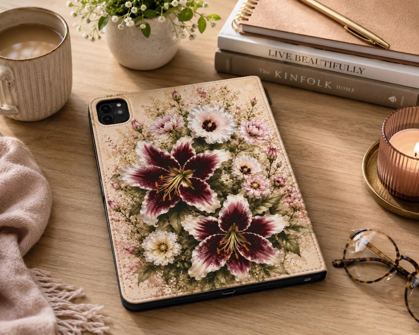 Floral Tablet Folio Case — Vintage Burgundy Lily & Daisies