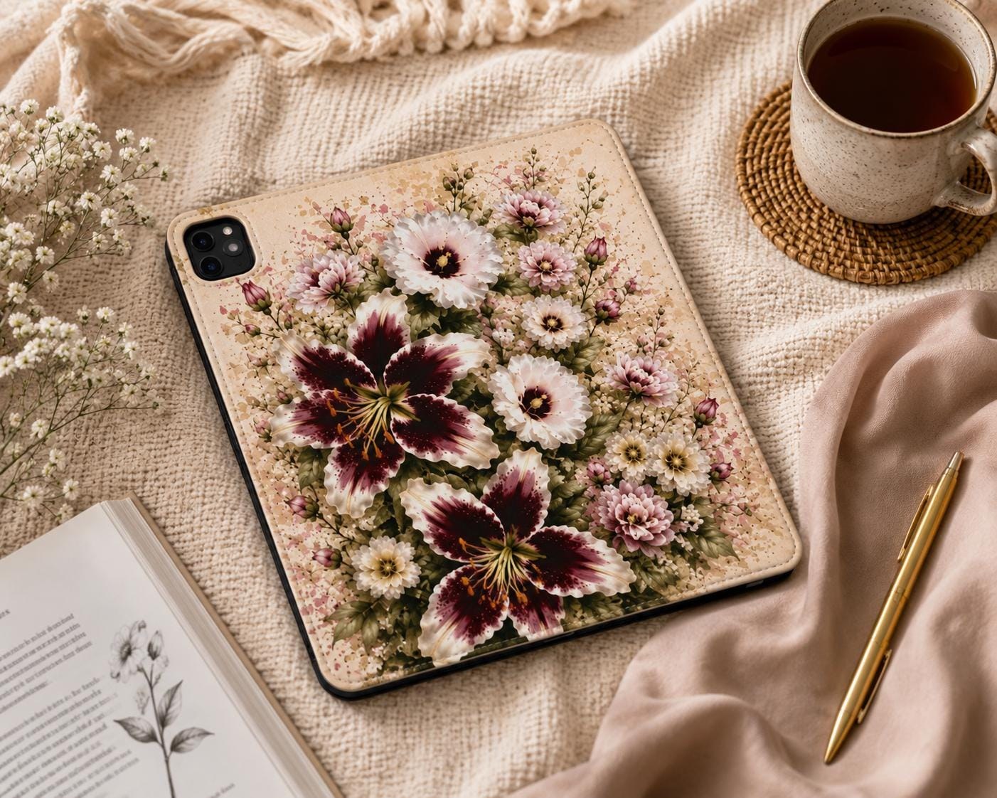 Floral Tablet Folio Case — Vintage Burgundy Lily & Daisies, product view 2