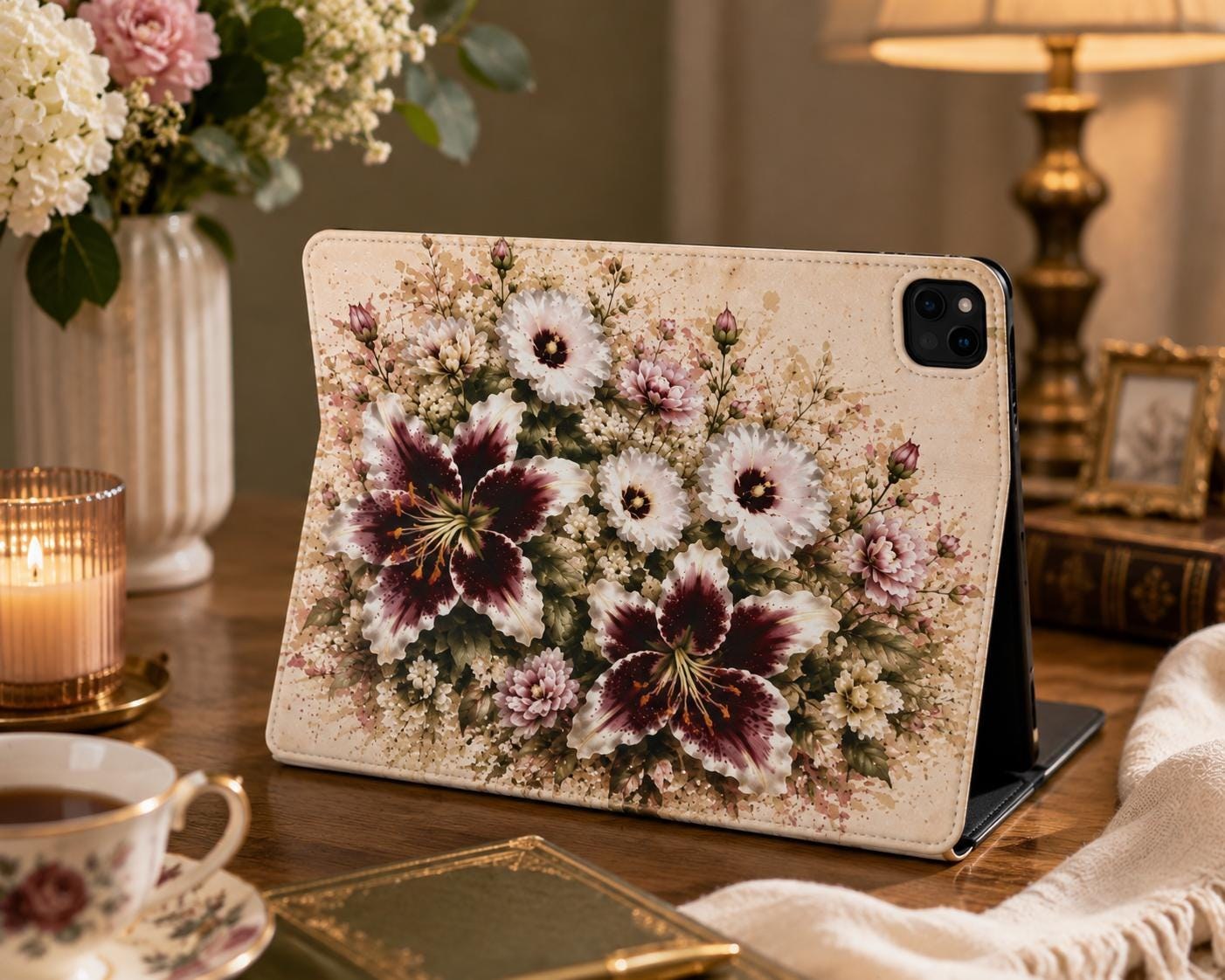 Floral Tablet Folio Case — Vintage Burgundy Lily & Daisies, product view 3