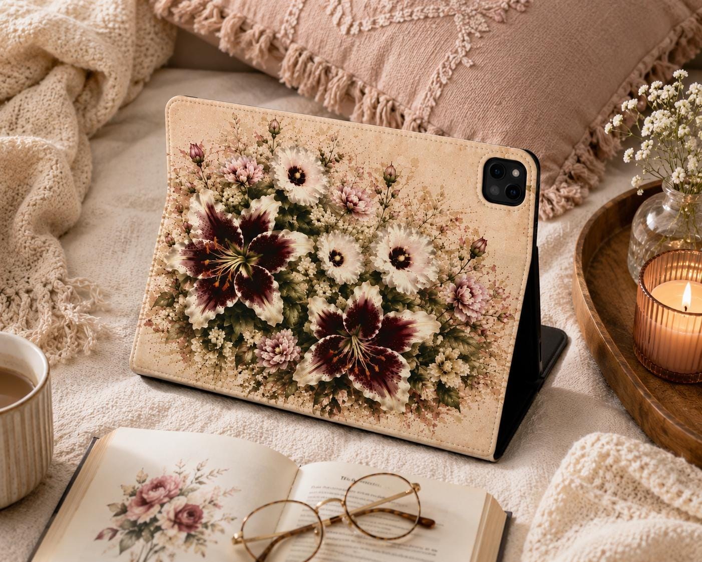 Floral Tablet Folio Case — Vintage Burgundy Lily & Daisies, product view 4
