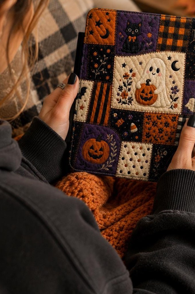Halloween patchwork Kindle case with a ghost, pumpkins, and candy corn