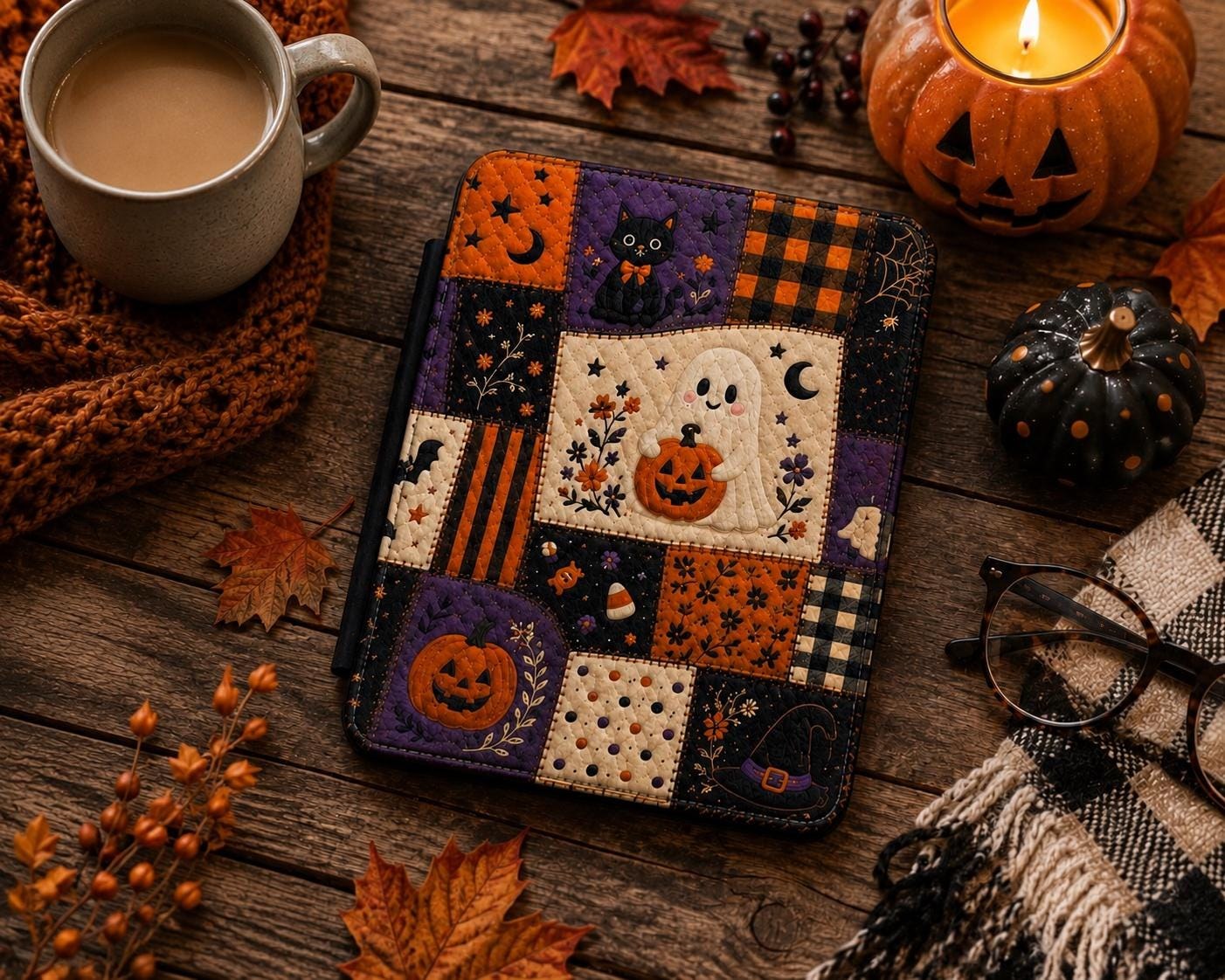Halloween Patchwork Kindle Case — Cute Ghost & Pumpkin E-Reader Cover