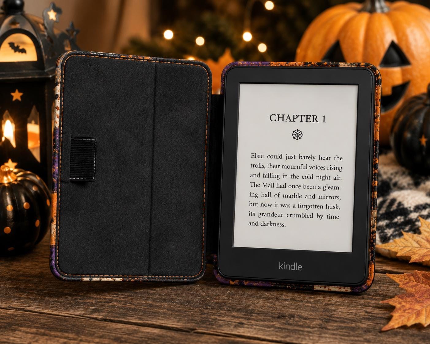 Halloween Patchwork Kindle Case — Cute Ghost & Pumpkin E-Reader Cover, product view 2