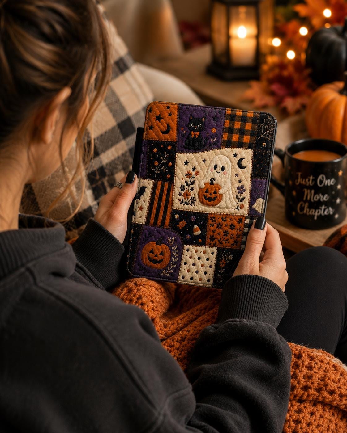 Halloween Patchwork Kindle Case — Cute Ghost & Pumpkin E-Reader Cover, product view 3