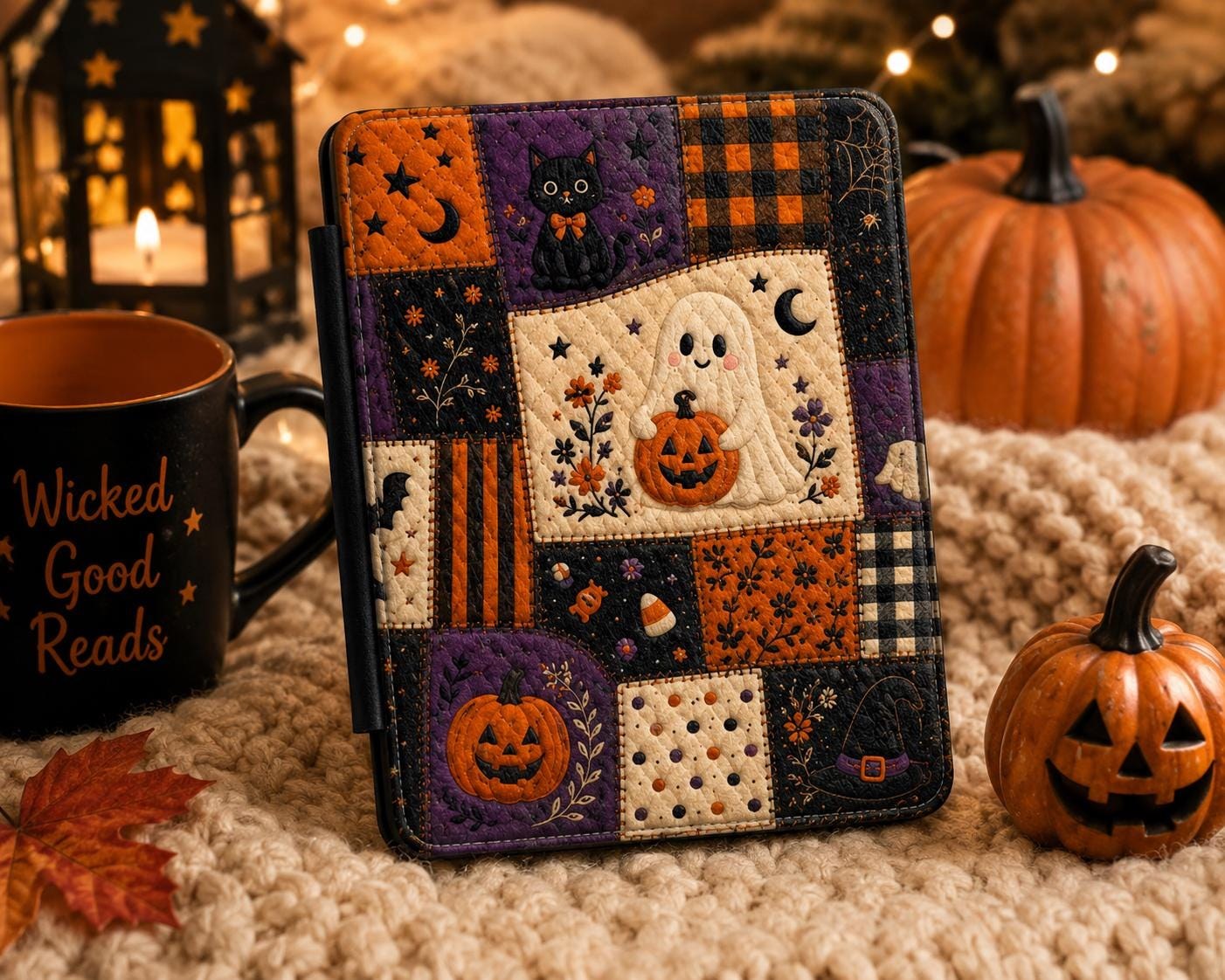 Halloween Patchwork Kindle Case — Cute Ghost & Pumpkin E-Reader Cover, product view 4