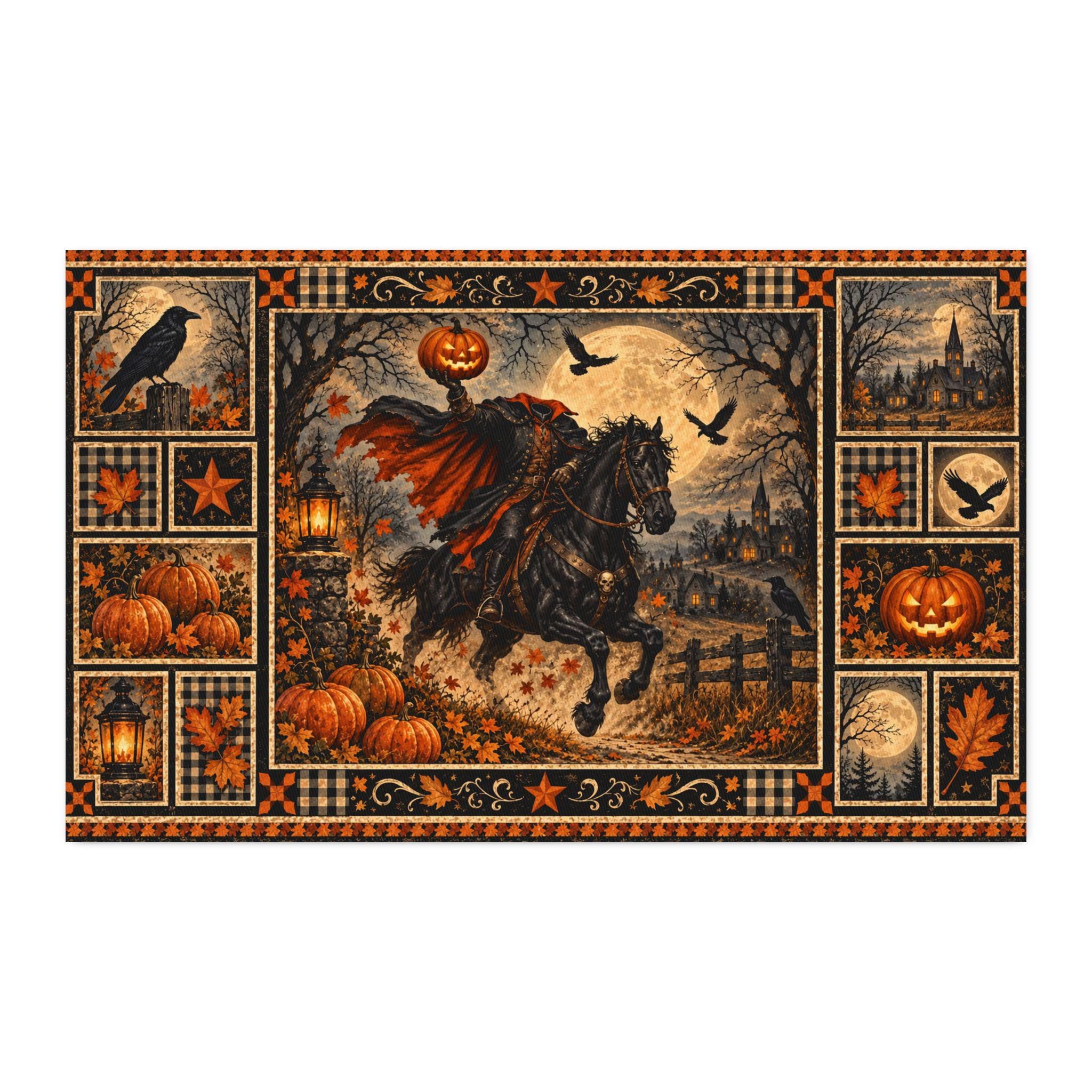 Halloween Headless Horseman cotton twill fabric panel with pumpkins, ravens, and lanterns