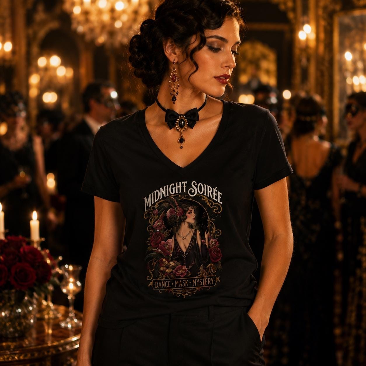 Midnight Soirée V-Neck Tee, Live for the Drama