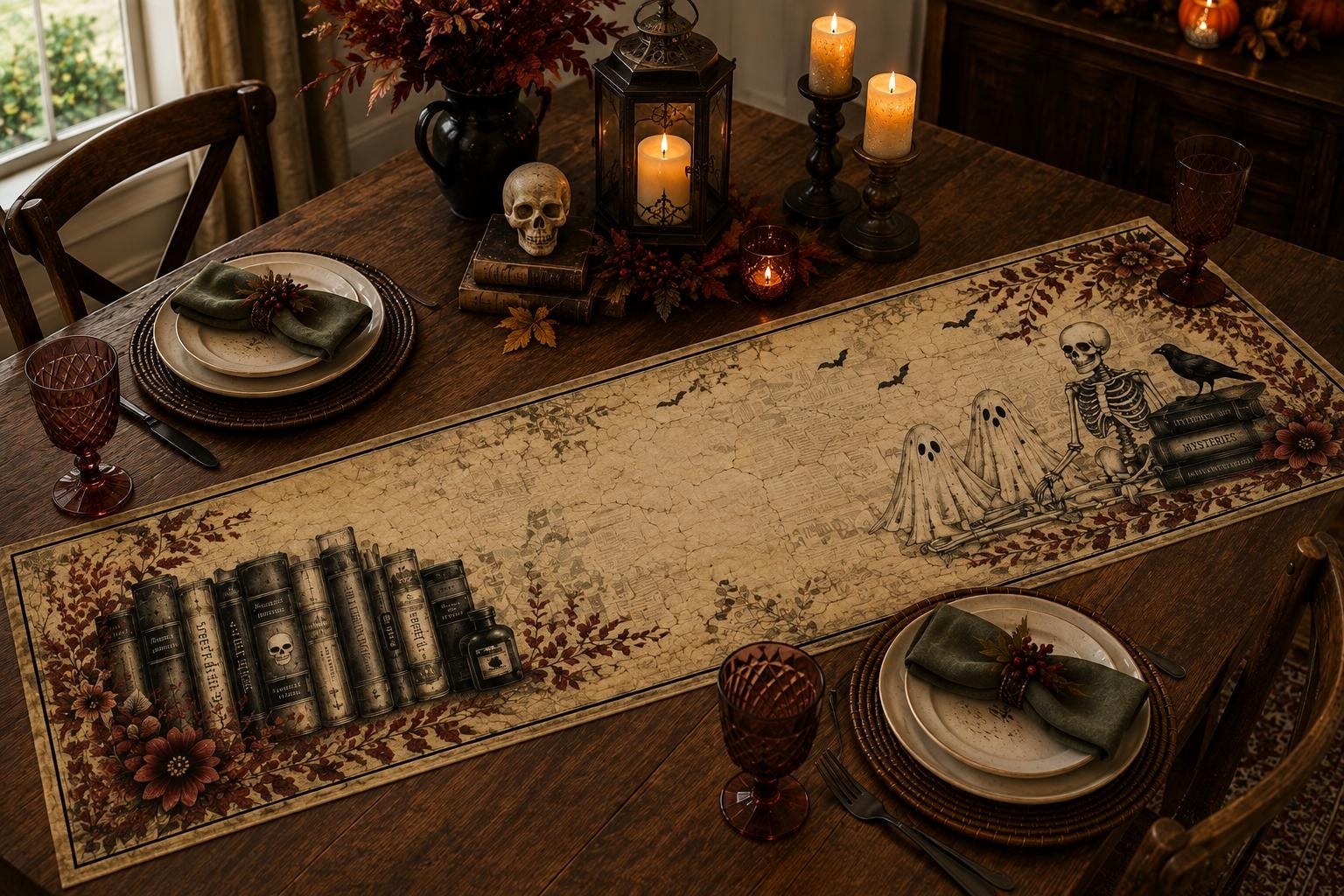 Quilted Table Runner, Vintage Halloween Books, Ghosts and Skeletons Décor
