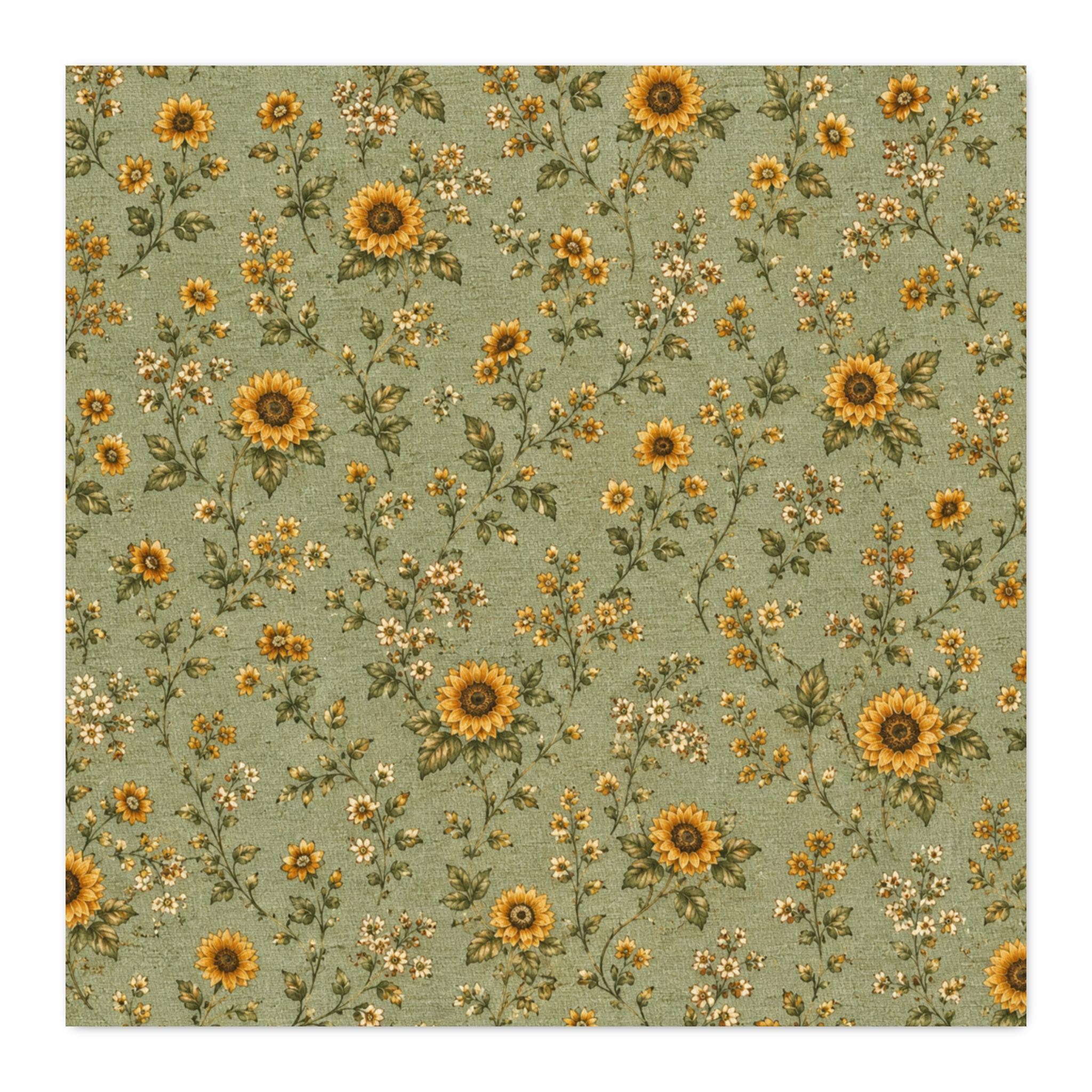 Cottage Sunflower Calico , Sage Cotton Twill Fabric , Vintage Floral Green Quilting Fabric