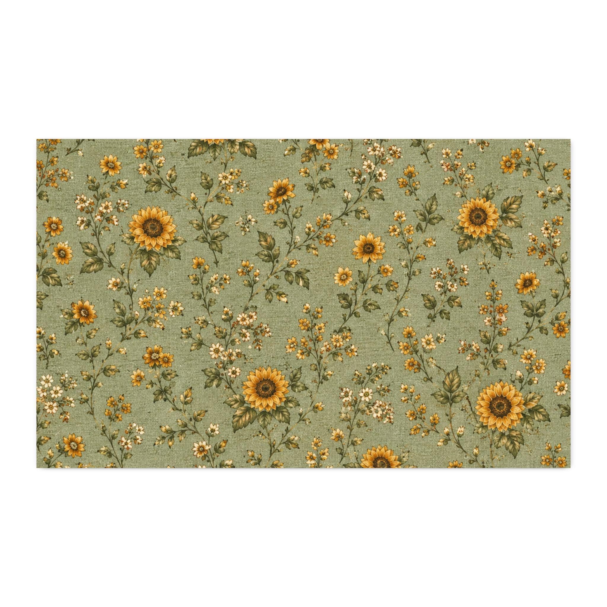 Cottage Sunflower Calico , Sage Cotton Twill Fabric , Vintage Floral Green Quilting Fabric, product view 9