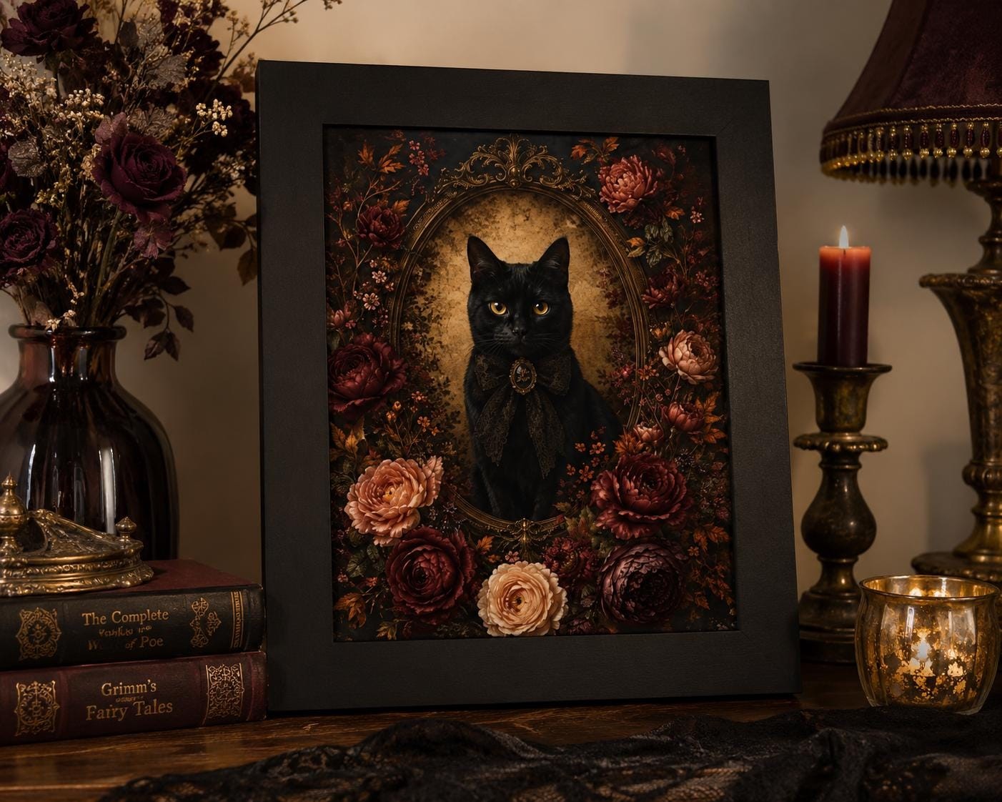 Victorian Black Cat Floral Poster