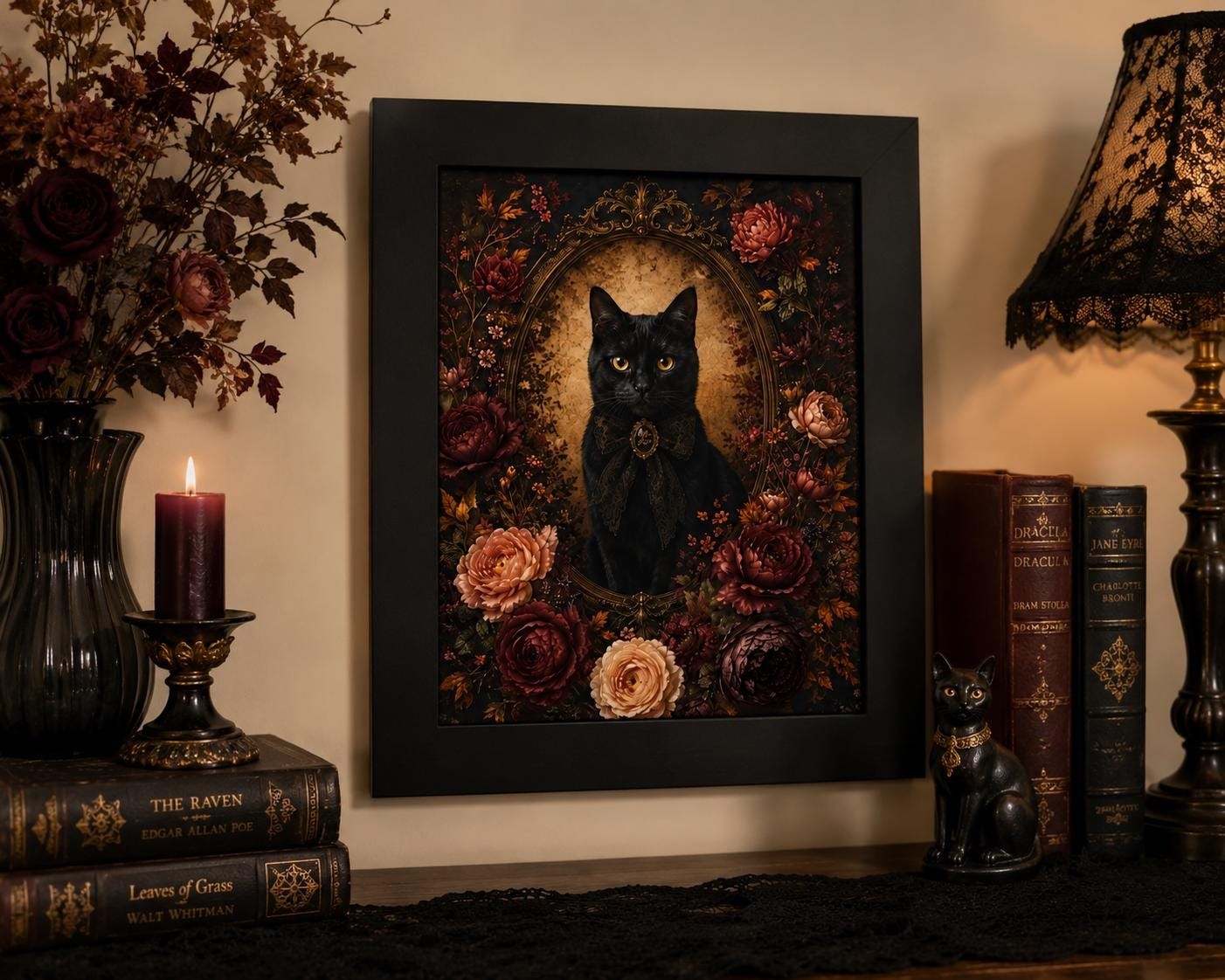Victorian Black Cat Floral Poster, product view 2