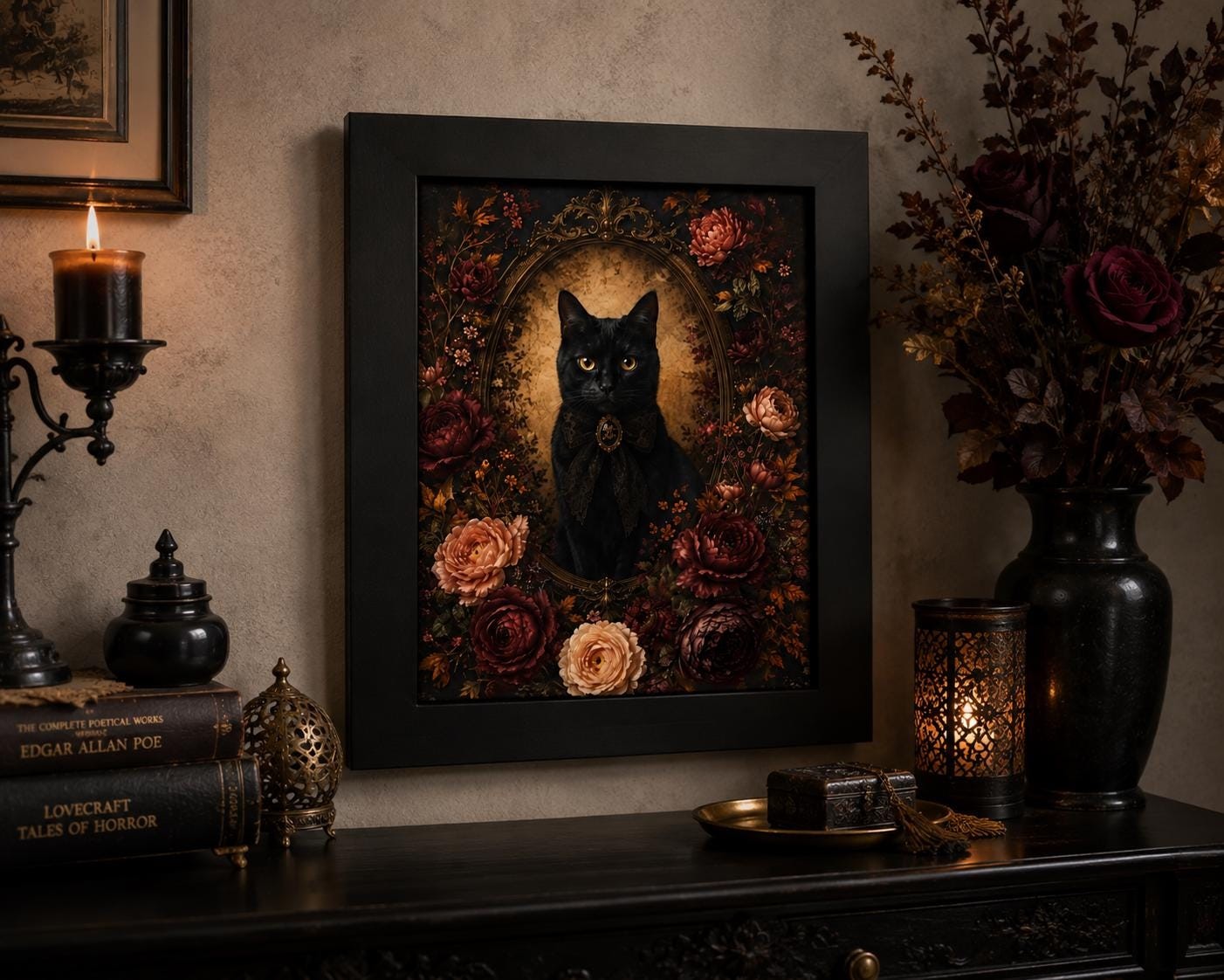 Victorian Black Cat Floral Poster, product view 3