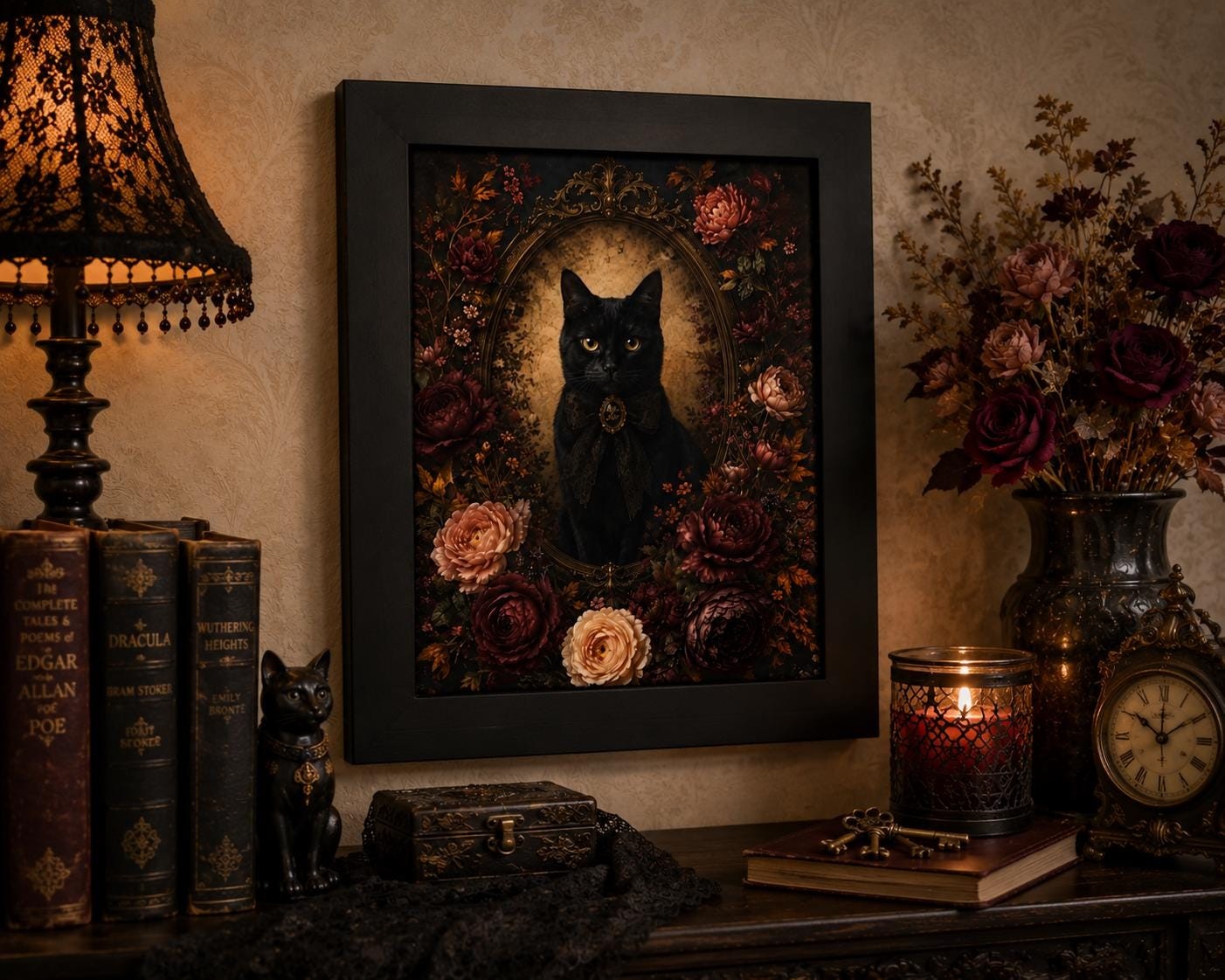 Victorian Black Cat Floral Poster, product view 4