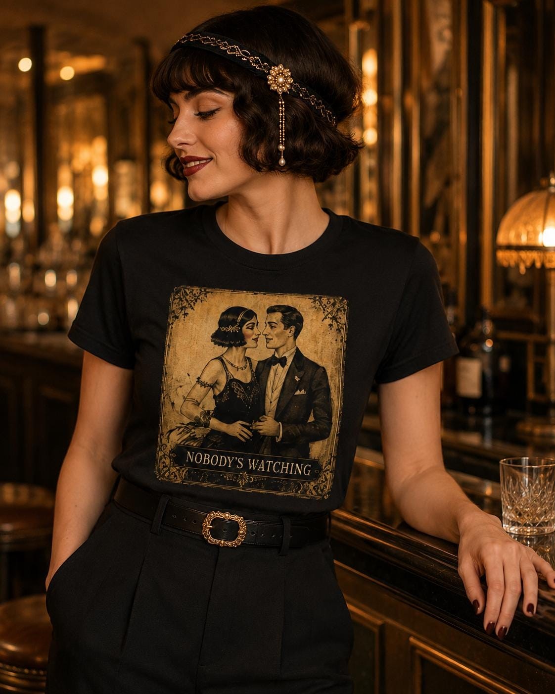 Vintage Romance T-Shirt, “Nobody’s Watching” Retro Couple Graphic Tee, product view 2