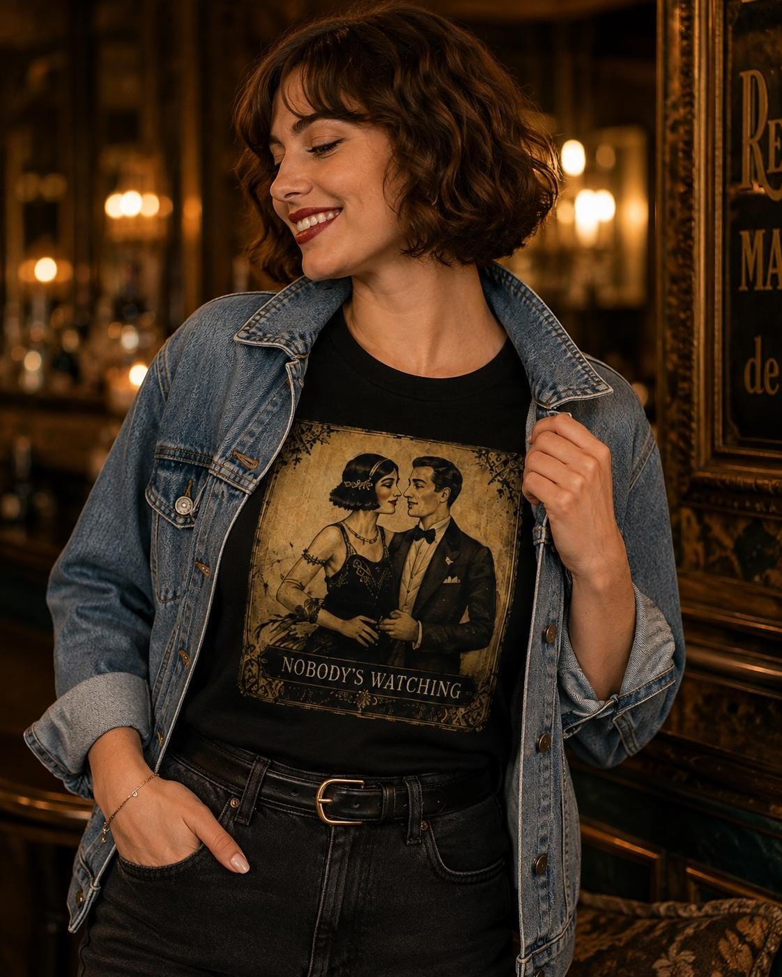 Vintage Romance T-Shirt, “Nobody’s Watching” Retro Couple Graphic Tee, product view 3