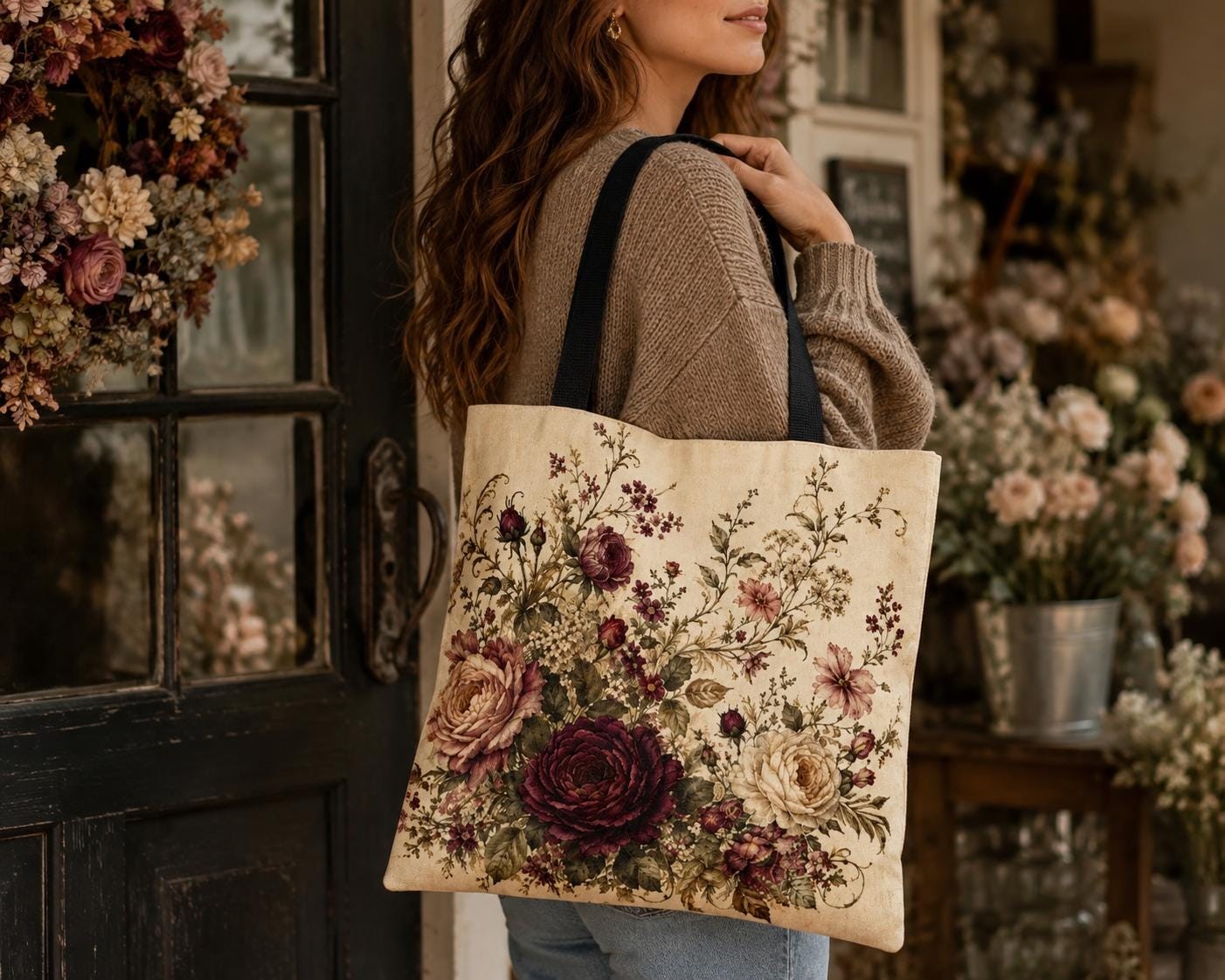 Vintage Rose Floral Tote Bag, Elegant Botanical All-Over Print