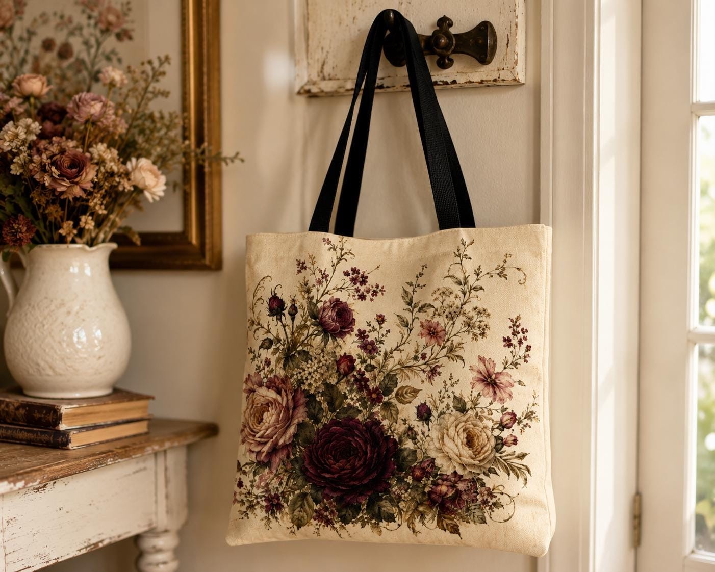Vintage Rose Floral Tote Bag, Elegant Botanical All-Over Print, product view 2