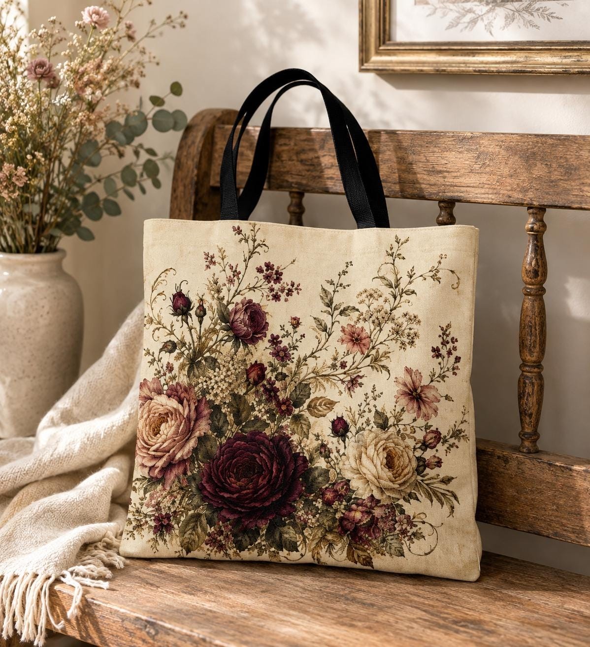 Vintage Rose Floral Tote Bag, Elegant Botanical All-Over Print, product view 3