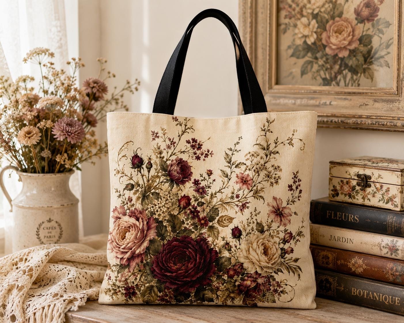 Vintage Rose Floral Tote Bag, Elegant Botanical All-Over Print, product view 4