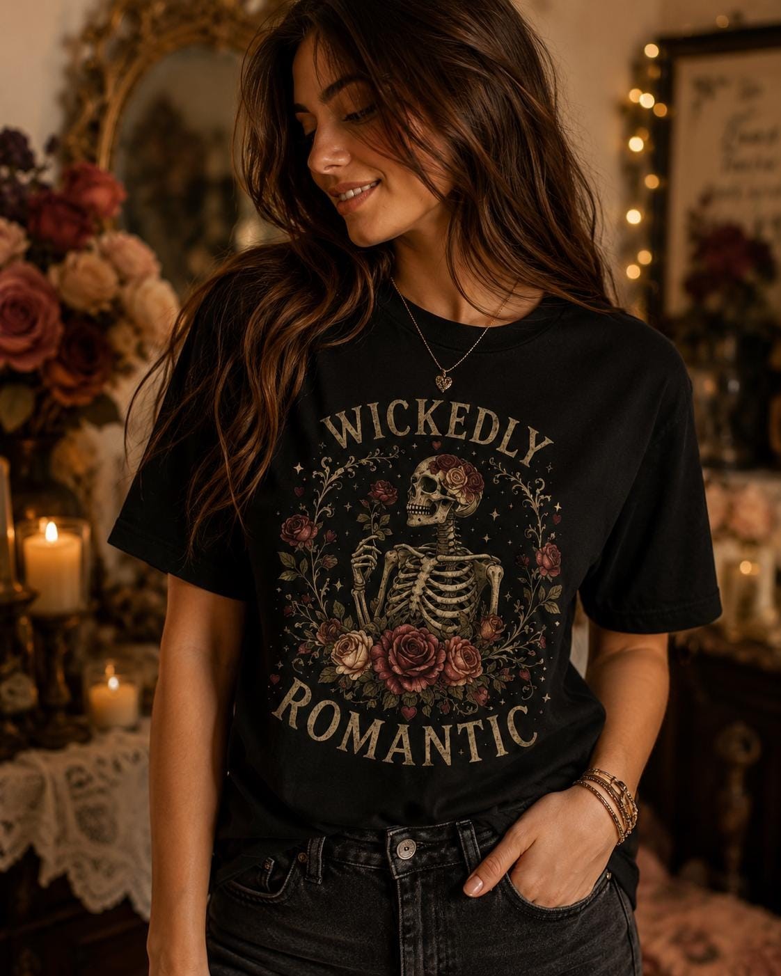 Wickedly Romantic Tee, Vintage Floral Skull Romantic Graphic Shirt