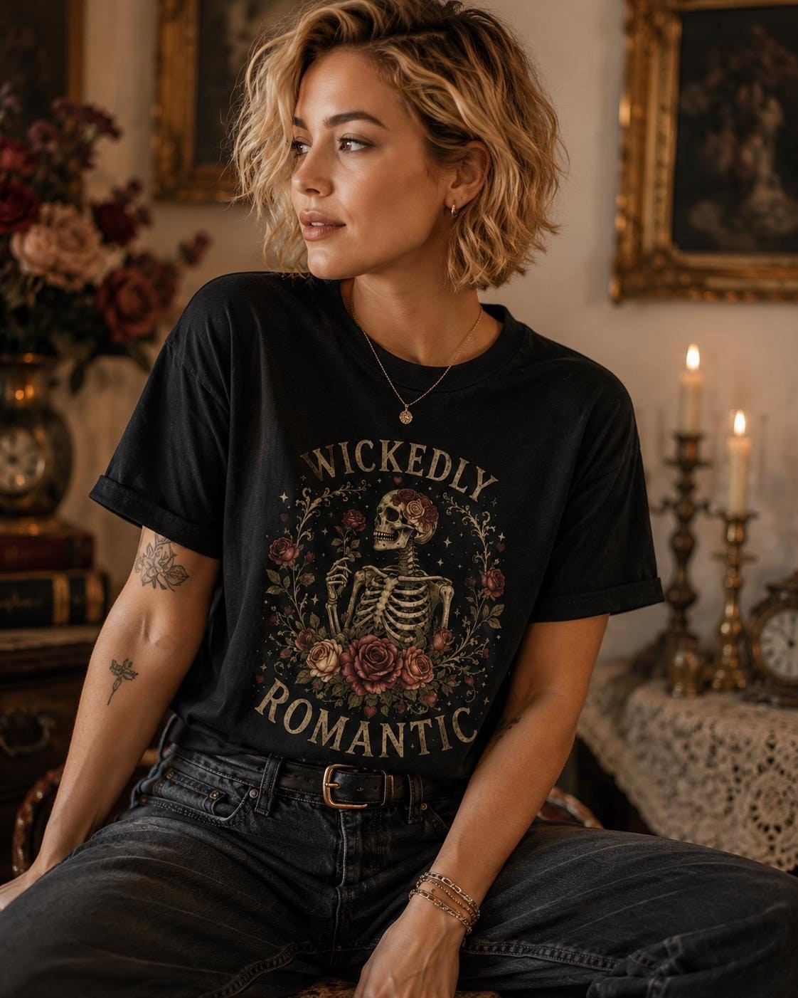 Wickedly Romantic Tee, Vintage Floral Skull Romantic Graphic Shirt, product view 2
