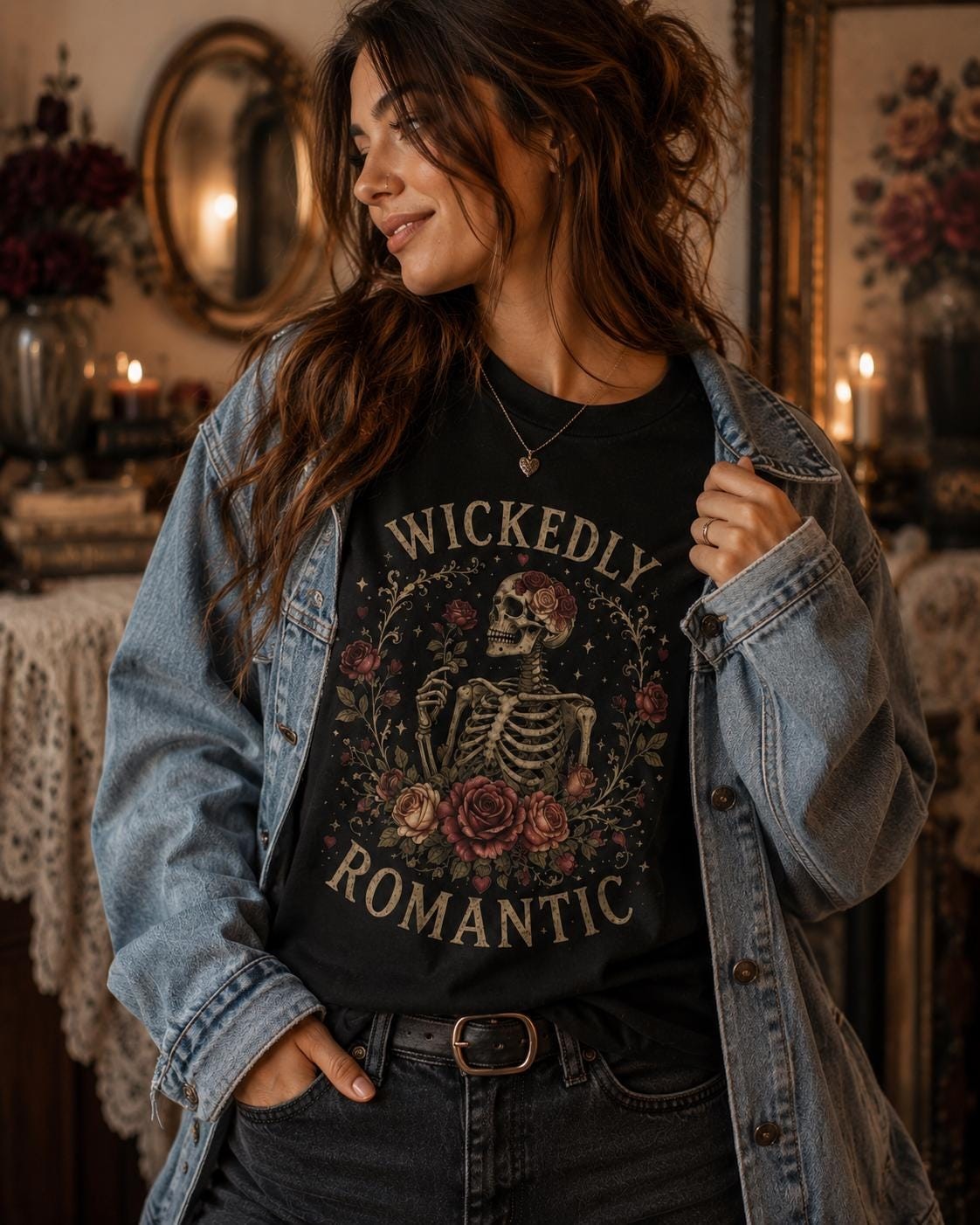 Wickedly Romantic Tee, Vintage Floral Skull Romantic Graphic Shirt, product view 3