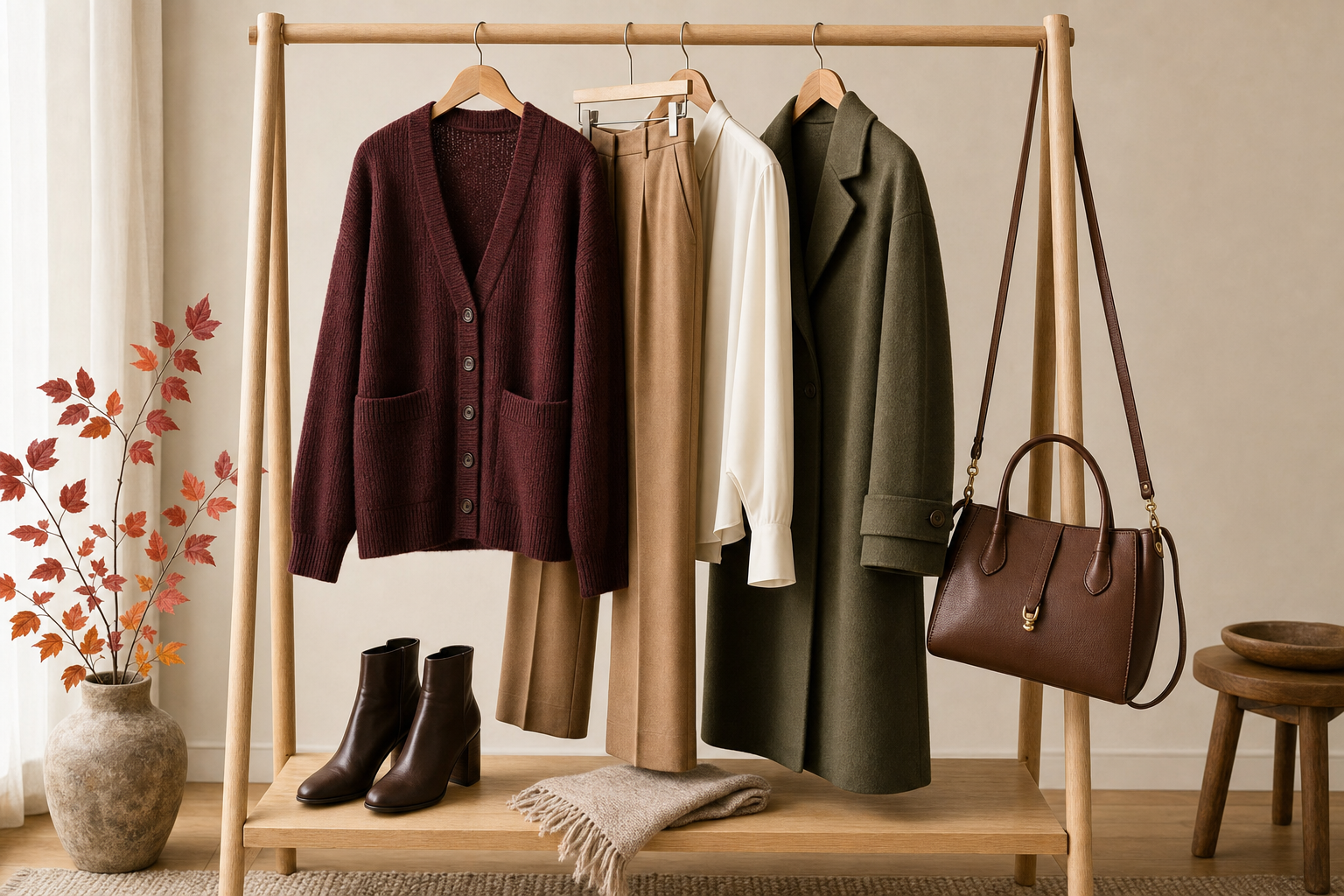 A coordinated fall capsule wardrobe on a wooden clothing rack