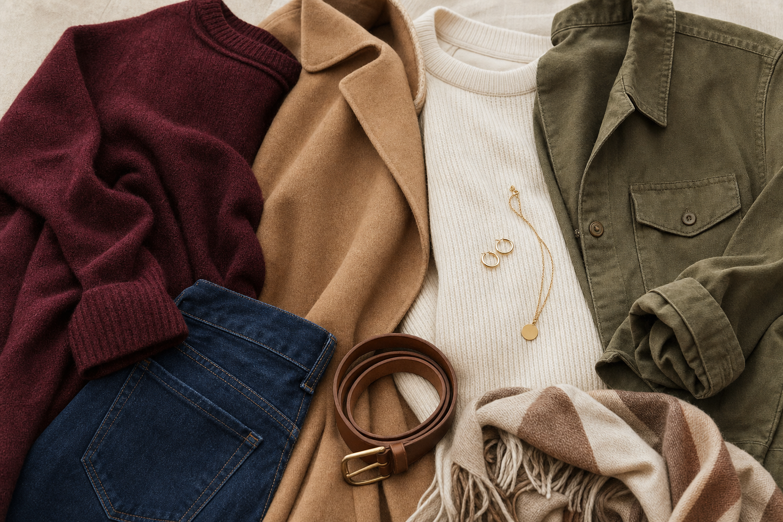 Burgundy, camel, cream, olive, and denim fabrics arranged as a fall color story