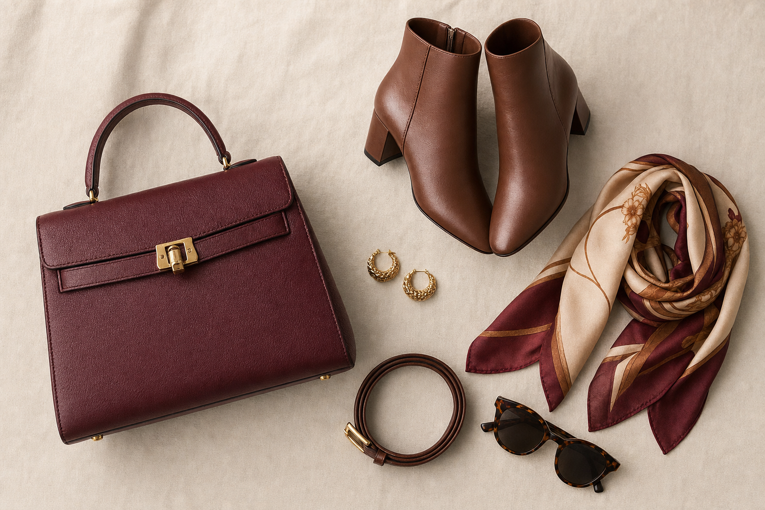 A burgundy handbag, ankle boots, scarf, belt, jewelry, and sunglasses