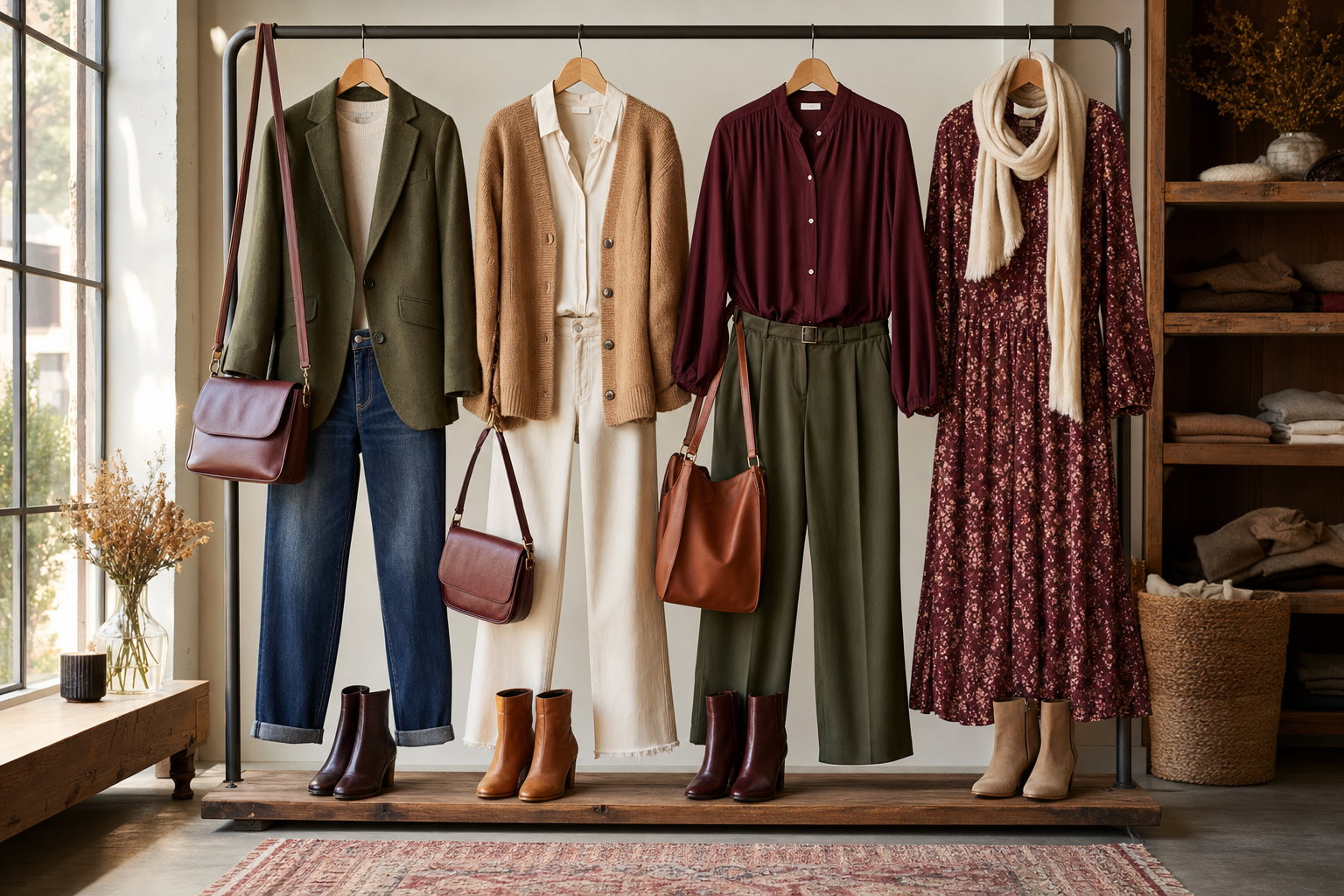 Four coordinated fall outfits on a clothing rack