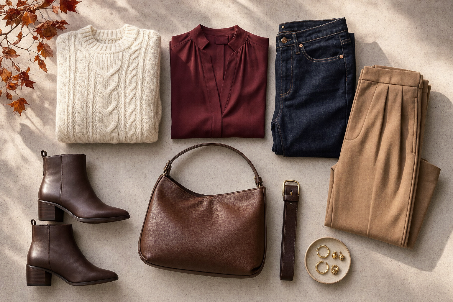 Fall capsule wardrobe essentials arranged in a flat lay