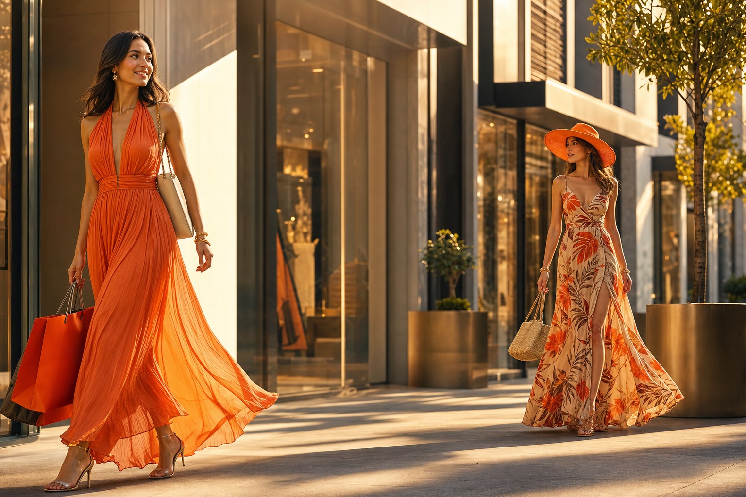 Two women in orange fashion in a modern shopping district