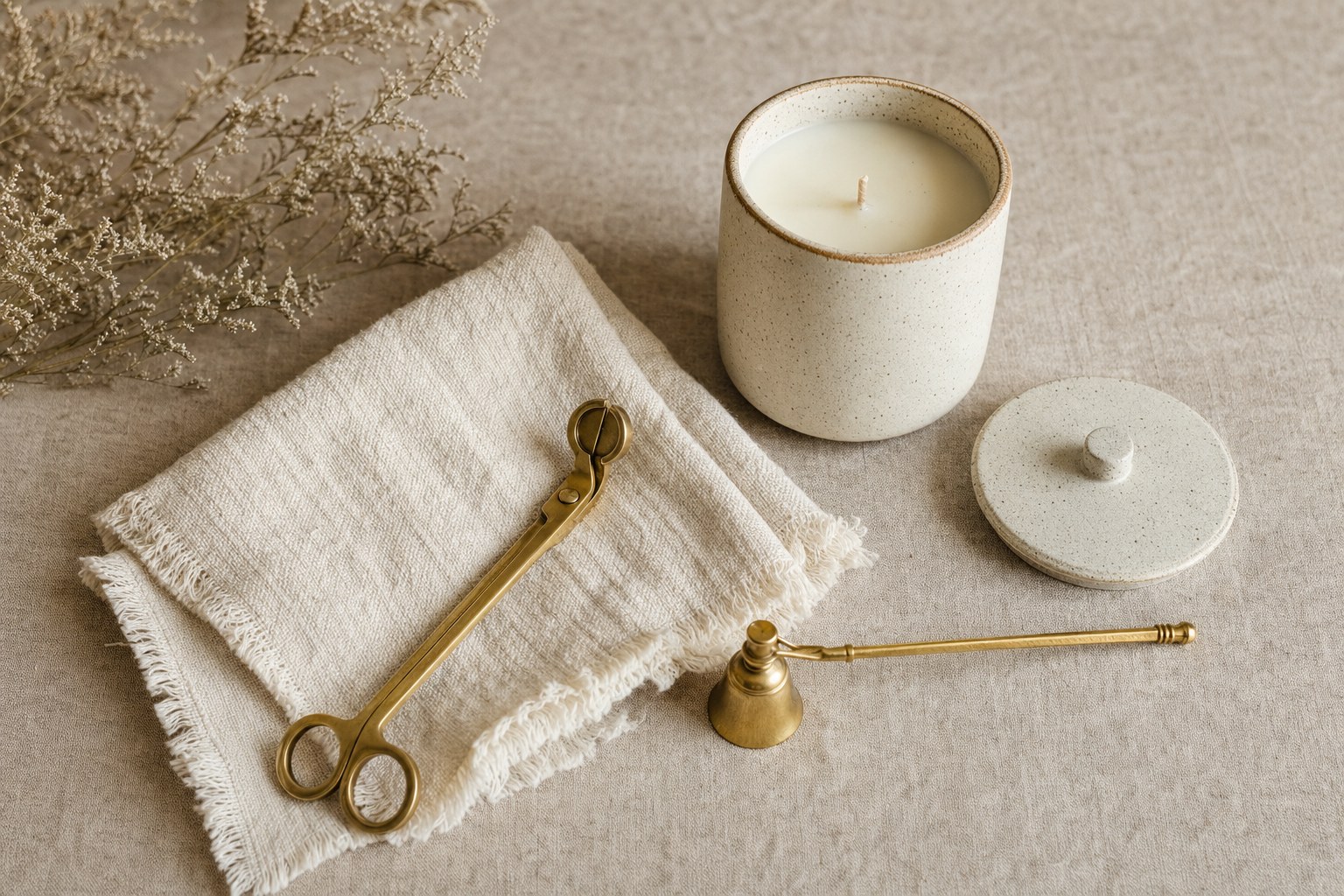 A candle care kit with a wick trimmer, candle snuffer, and ceramic candle