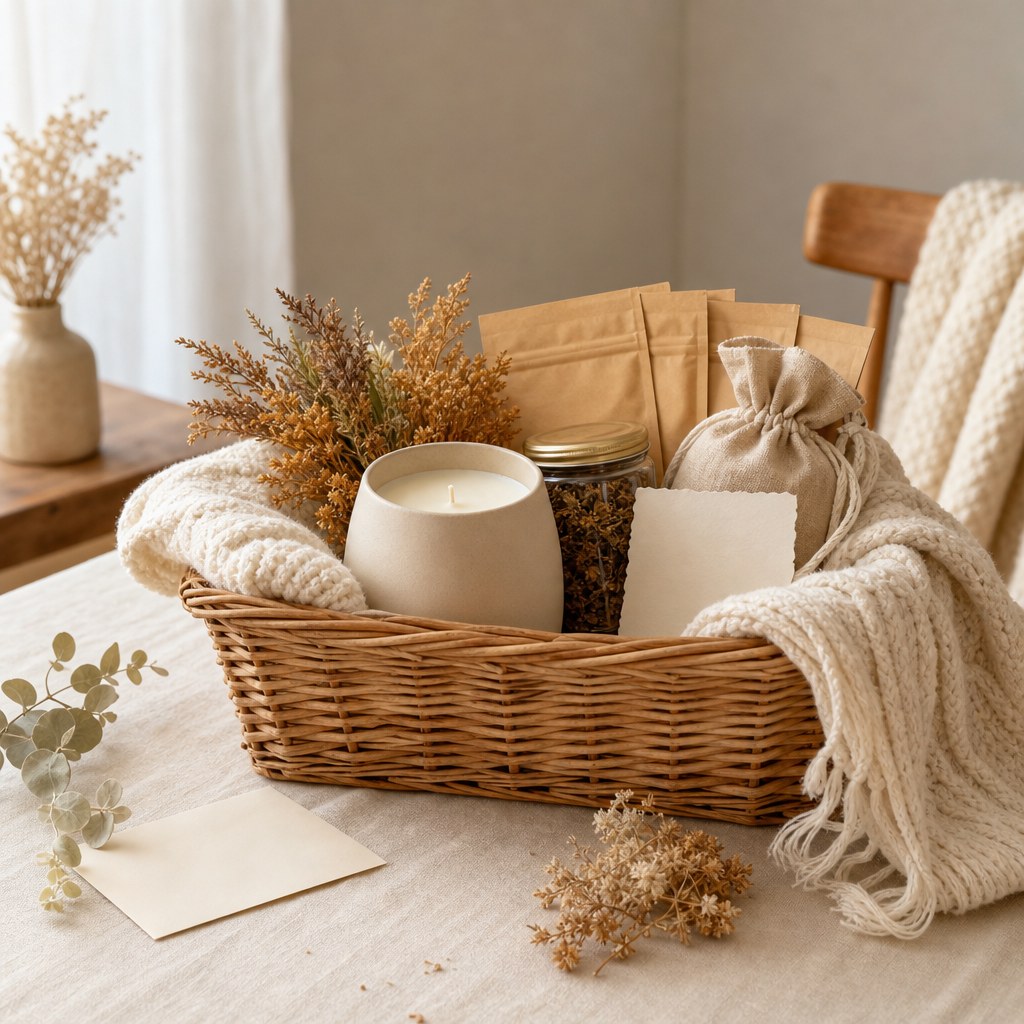 A candle gift basket with a soft throw, tea, dried flowers, and a handwritten note