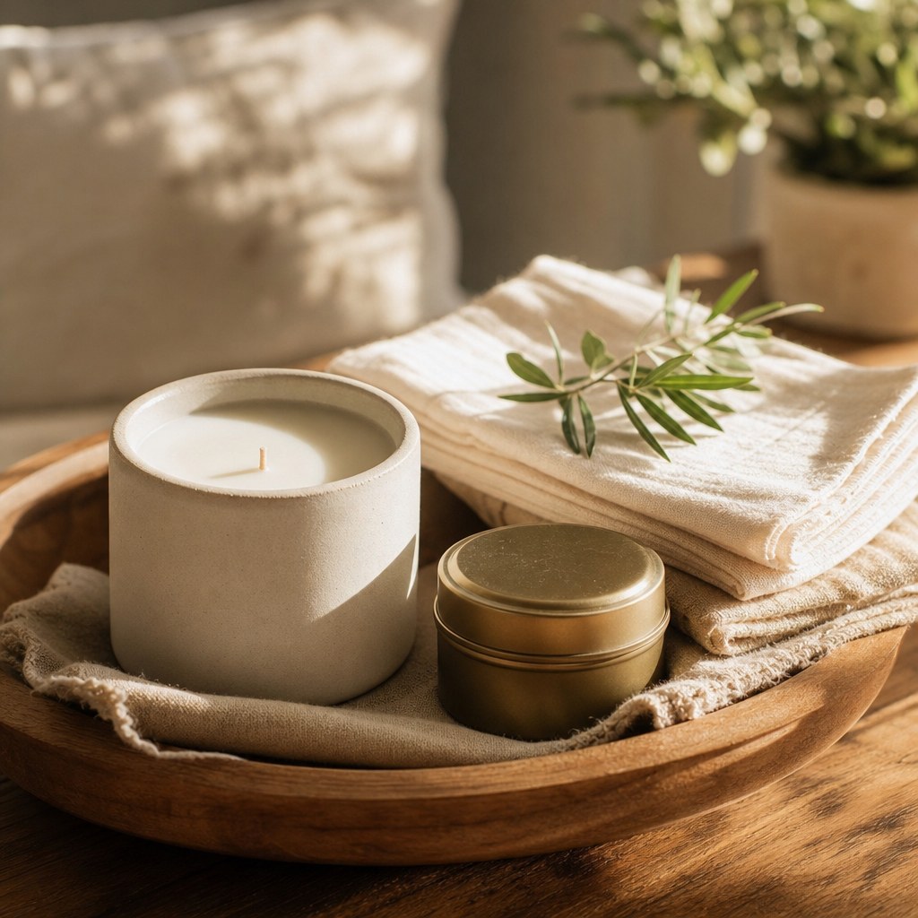 An unlit candle with folded cotton napkins and a tea tin on a wooden tray