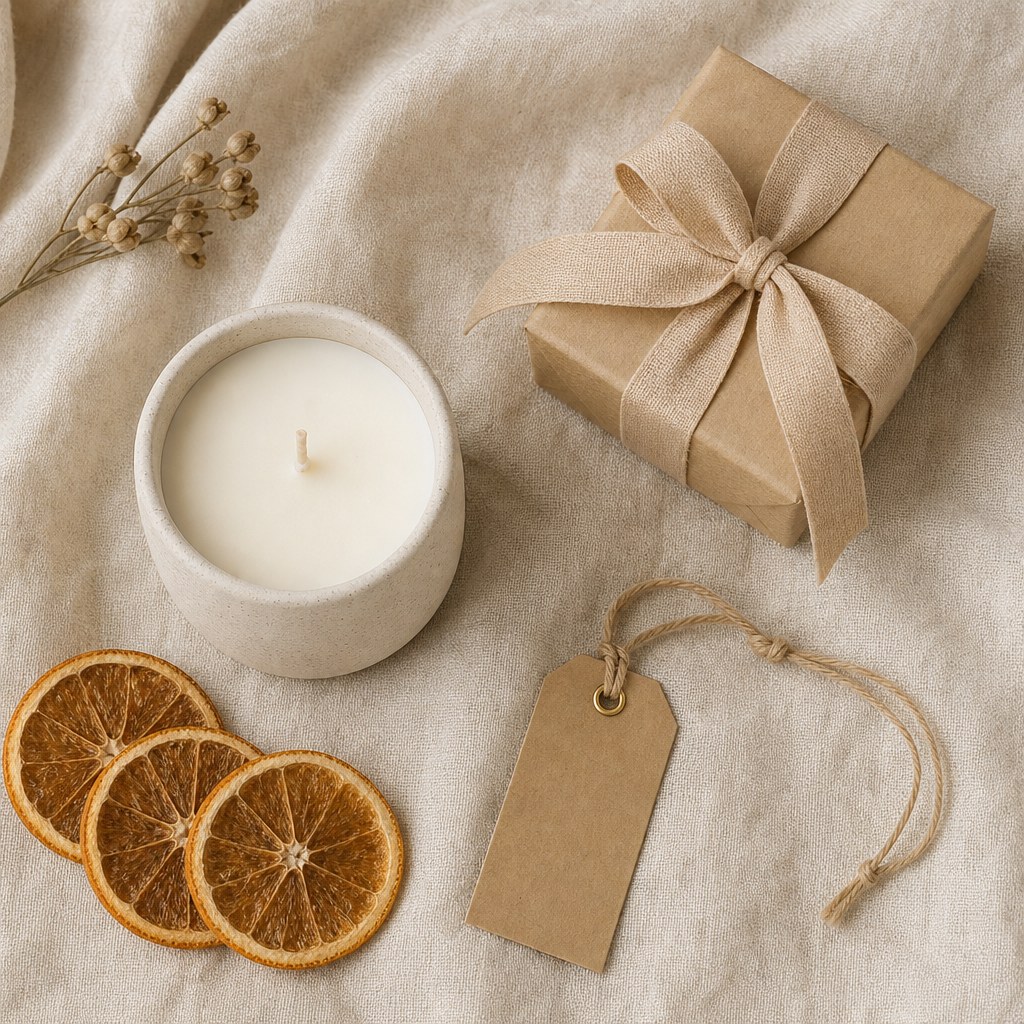 A candle, ribbon-wrapped gift, dried orange slices, and blank gift tag on cream linen