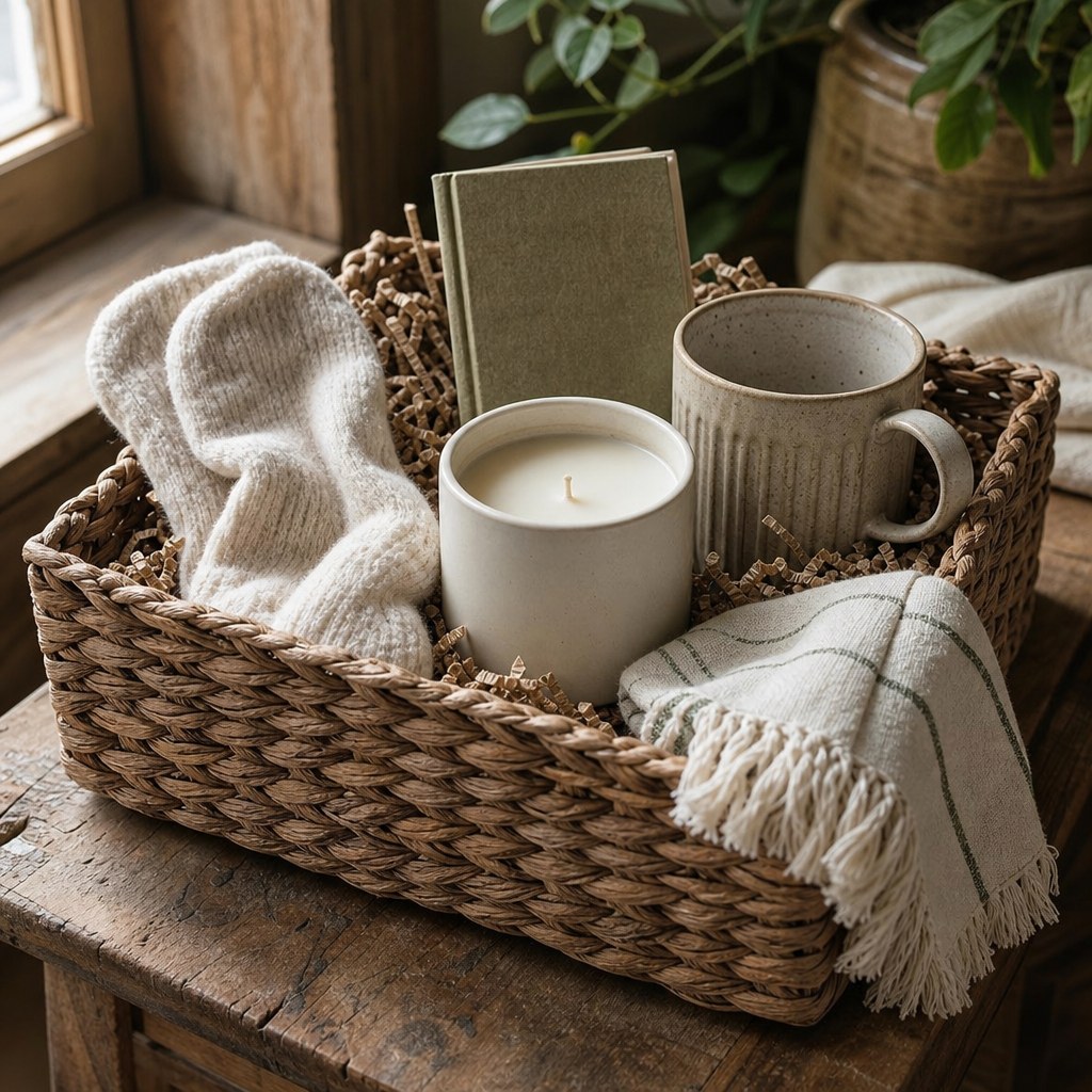 A woven gift basket with an unlit candle, cozy socks, mug, book, and throw