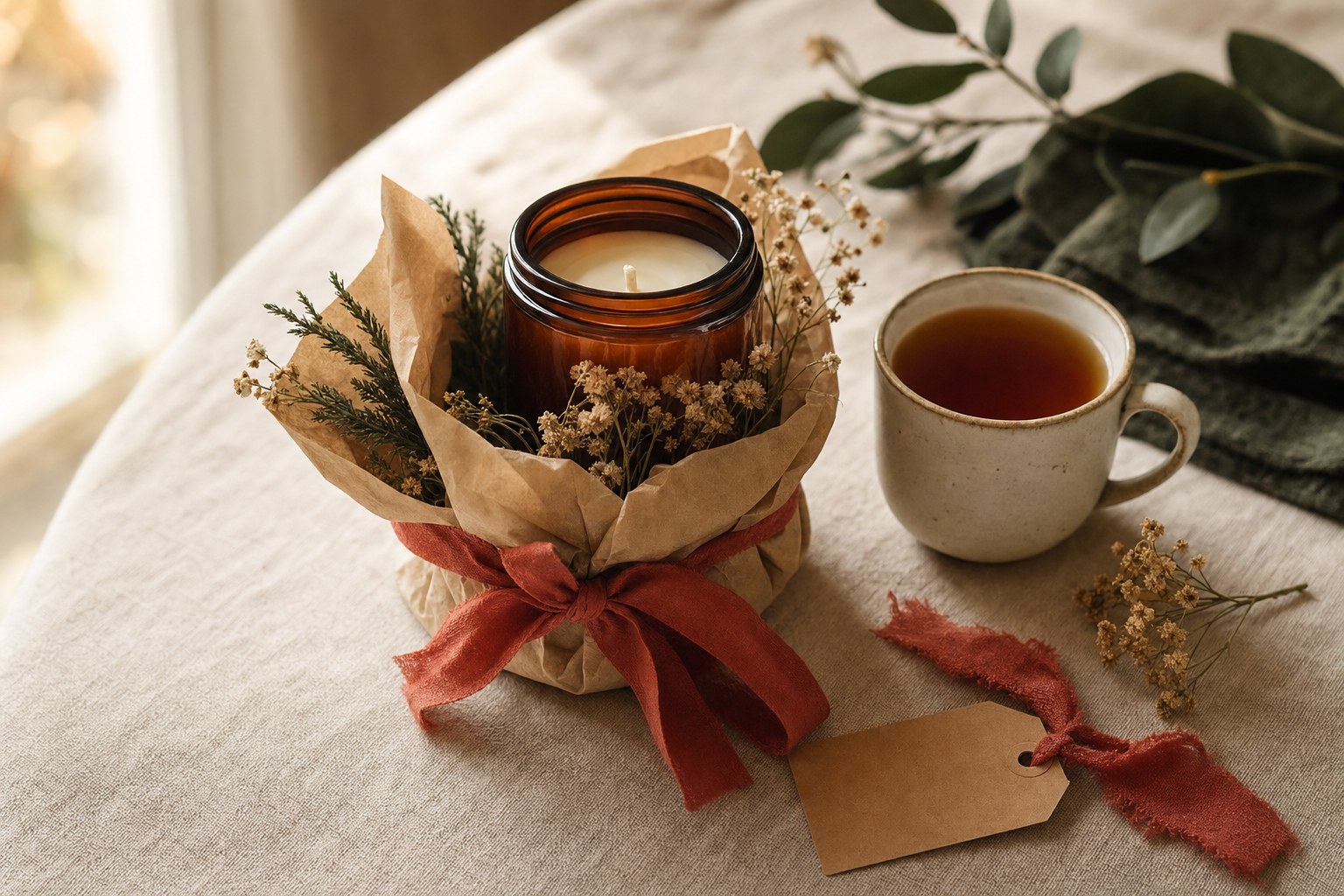 A wrapped candle gift with tea and dried flowers on a warm cream table